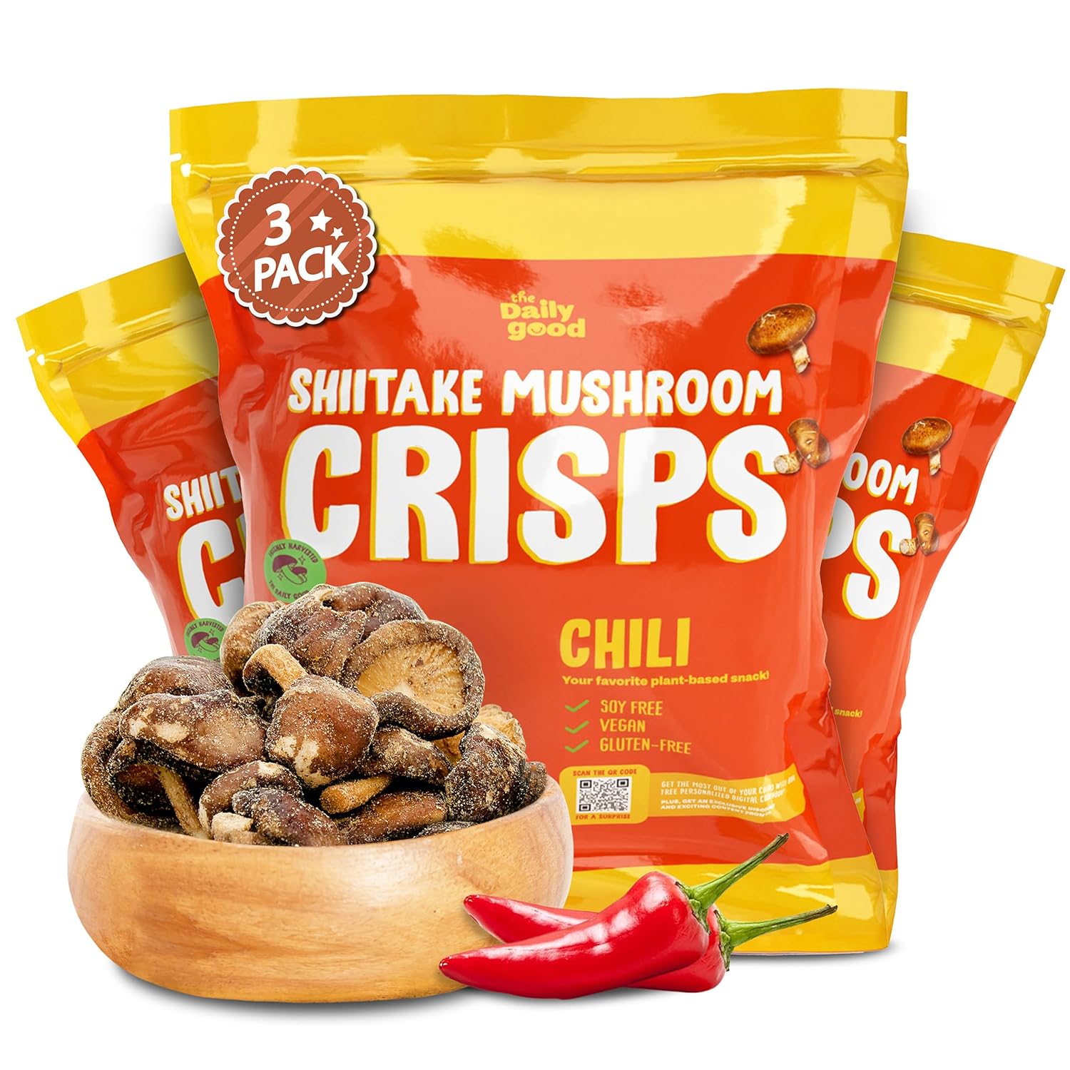 The Daily Good Shiitake Crisps -3-Pack Mushroom Chips, Gluten-Free Mushroom Snack, Non-GMO,Vegan Food & Chips,Vegan Snacks, Mexican Chili Flavor,0.2 lbs