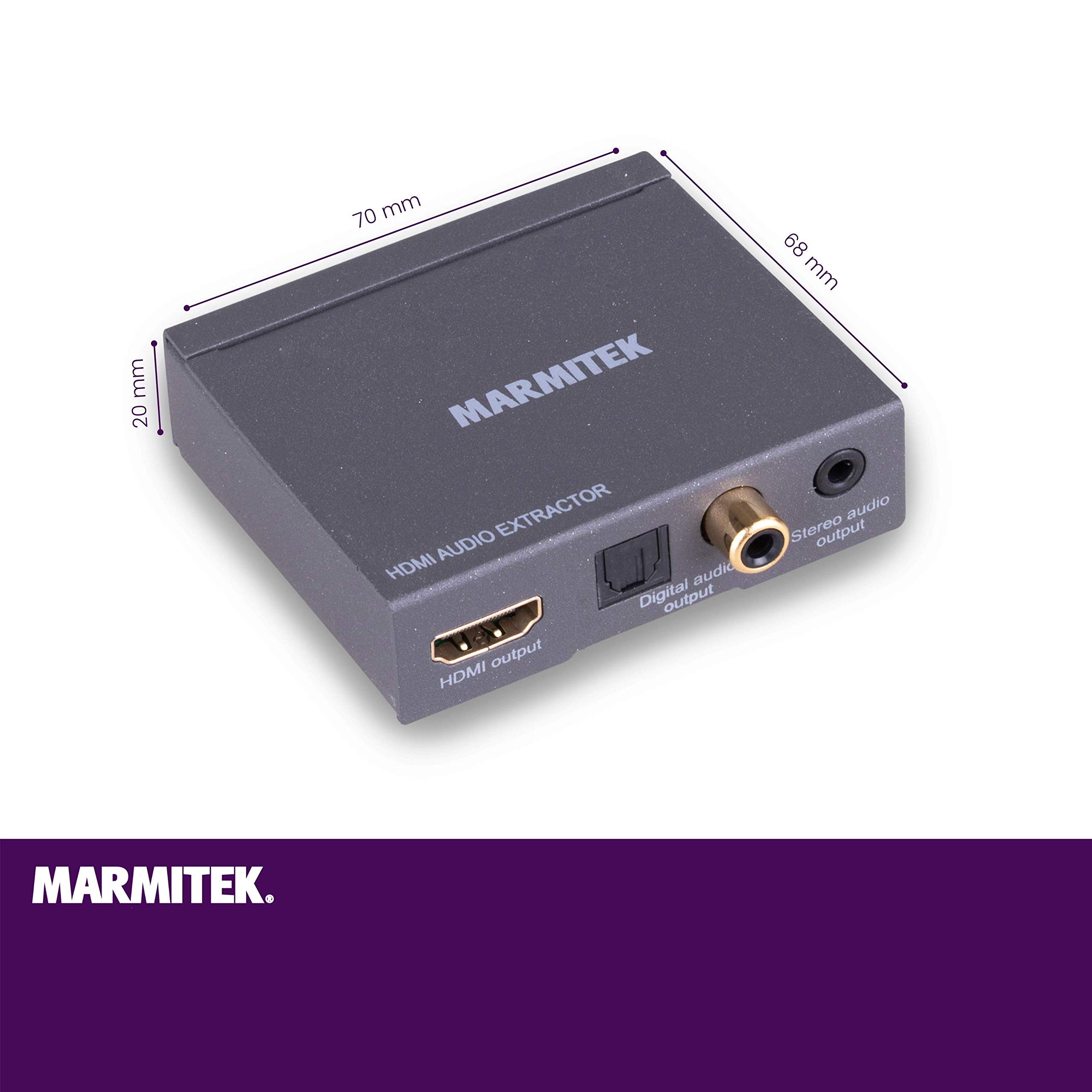 Marmitek Connect AE14 - Extractor de Audio HDMI 4K - Convertidor Con ARC - Señal de Audio del Cable - Utilice el Canal de Retorno en el Sistema Sin ARC | Adaptador para TV a barra de sonido o amplificador, salida Toslink, coaxial y jack 3,5 mm, EDID, ARC