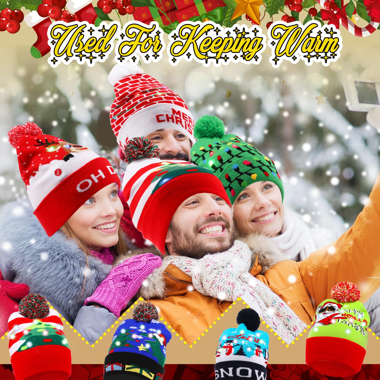 Vicenpal Weihnachtsmütze für Erwachsene, LED, bunt, blinkend, Strickmütze, hässlicher Pullover, Weihnachtsmann, Urlaub, Partyzubehör