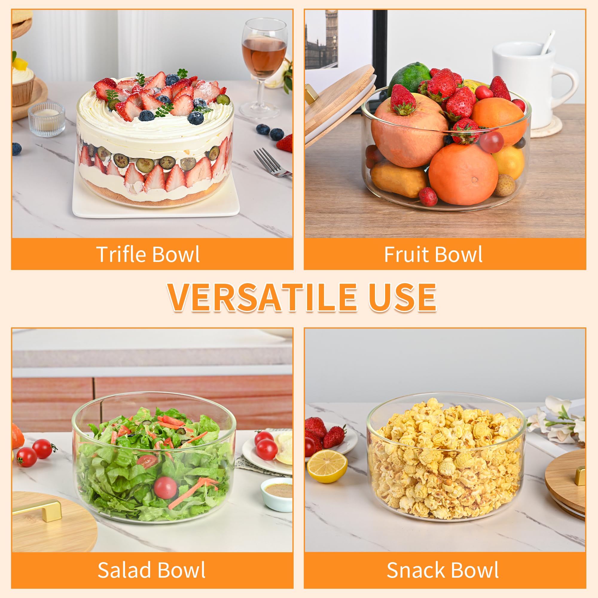Cuenco de vidrio transparente de 8 pulgadas con tapa, cuenco de ensalada de vidrio transparente para colocar pasteles de helado, cupcakes, ensaladas, frutas, microondas y lavavajillas