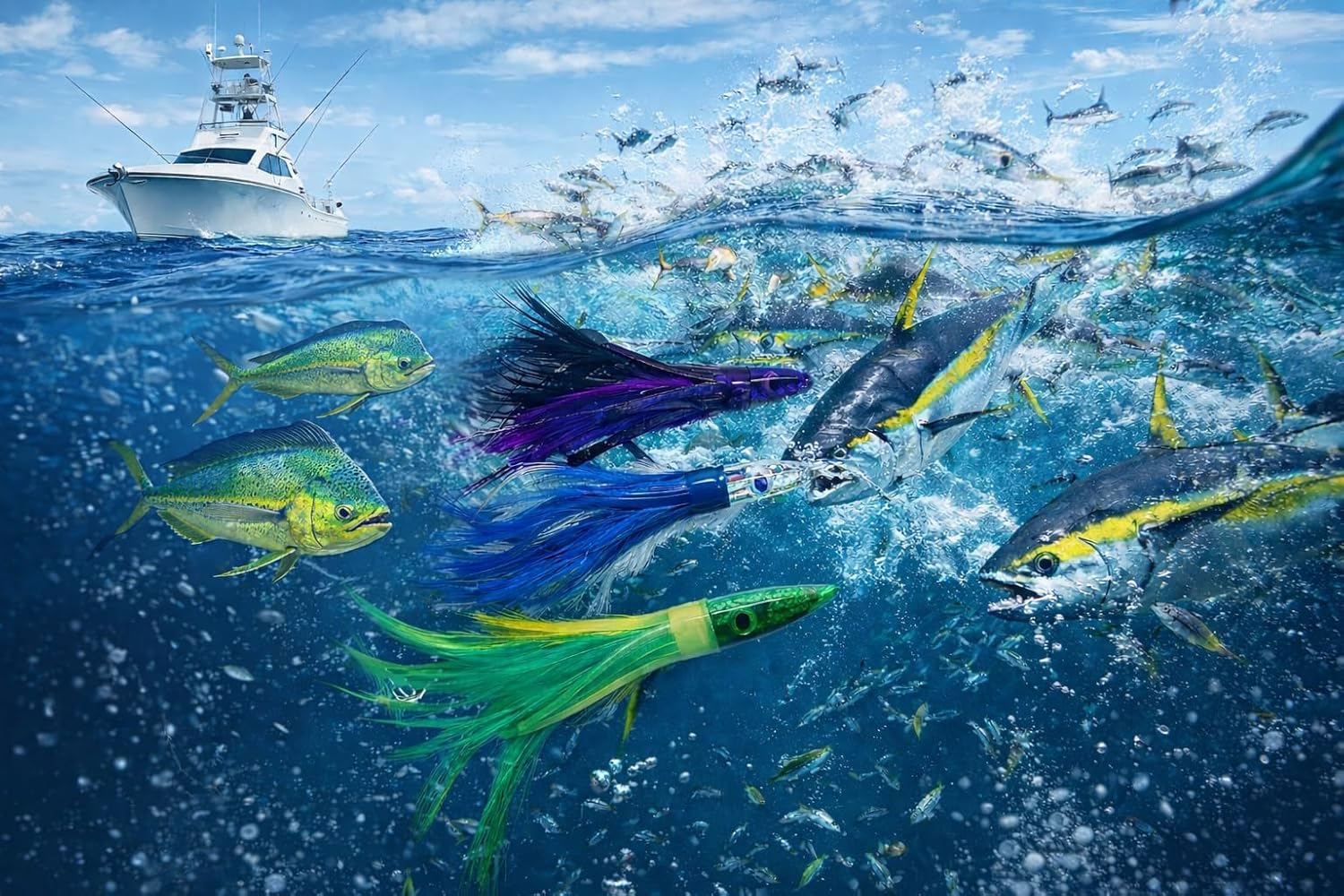 (3 Pack) Tuna Feather Offshore Fishing Lures 6" Long 150lb Leader Dolphin Yellow Fin Tuna Mahi Wahoo Saltwater Trolling Fishing Lures Stainless Hooks. Flash Resin Head for Unmatched Offshore trolling