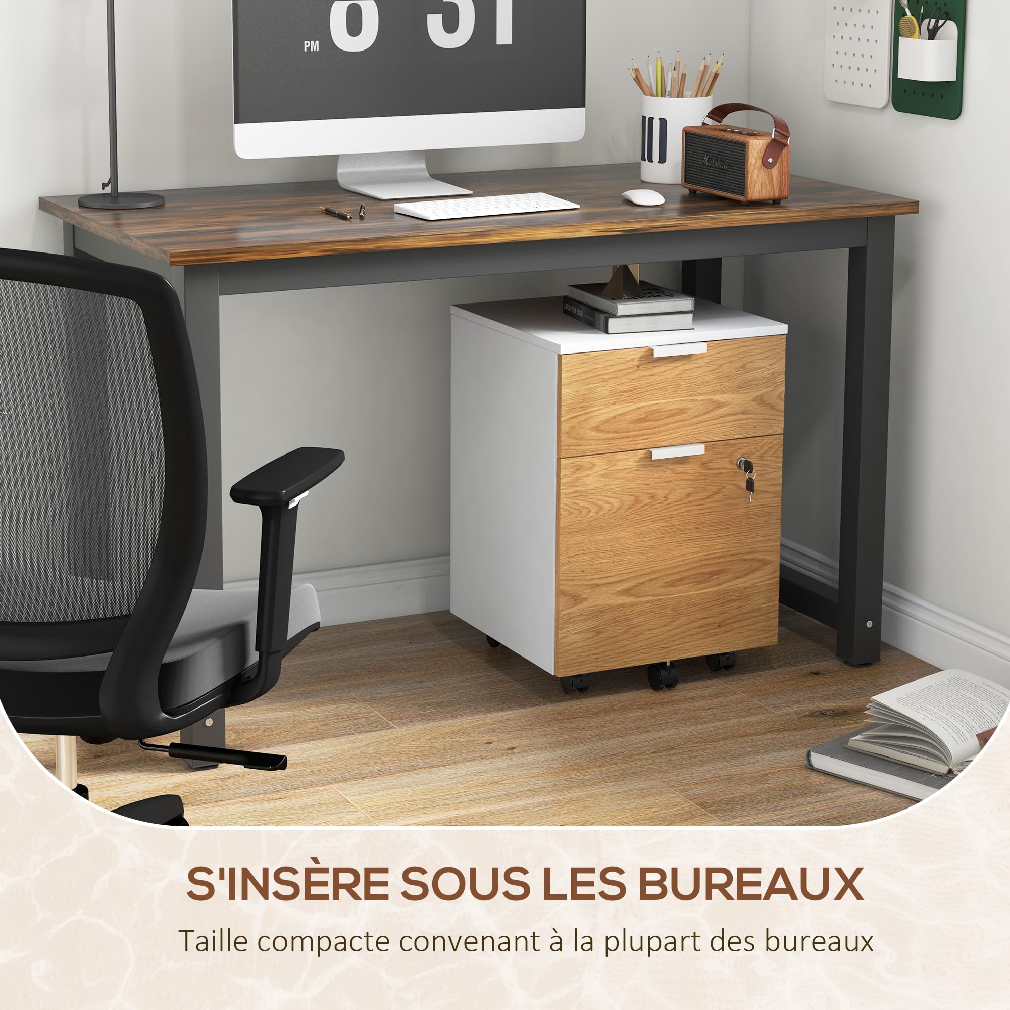 HOMCOM Bürokasten, Aufbewahrungsmöbel, Badschrank, 2 Schubladen, 2 Stangen zum Aufhängen, abschließbar, 2 Schlüssel, 4 Rollen, 42 x 40 x 60 cm, Holzoptik, Weiß und Natur