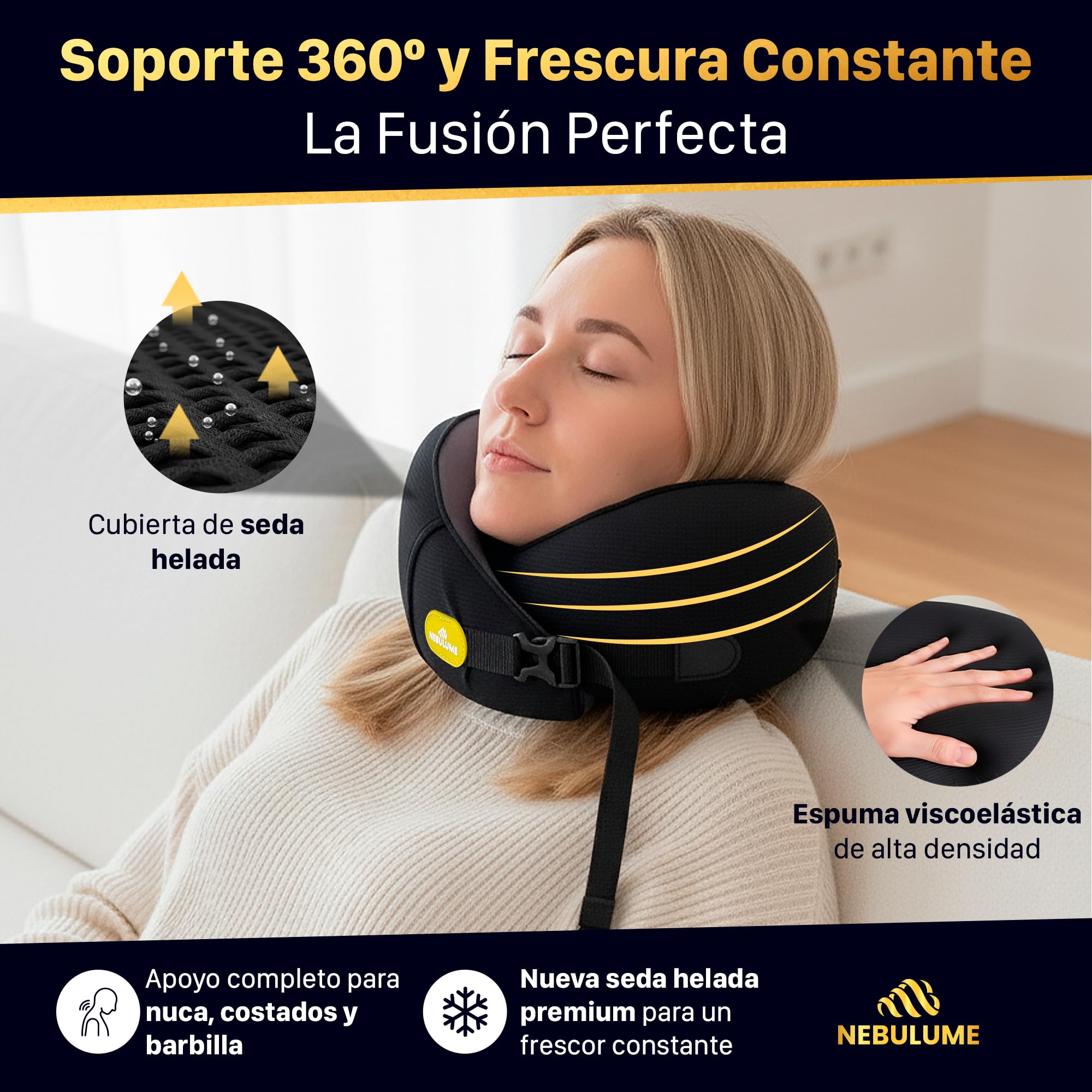 Almohada Viaje Premium - Almohada De Viaje para Cuello de Seda Helada y Soporte 360º - Cojin Avion Cuello con Hebilla Ajustable - Cojin Cervical con Funda Lavable Fácil - Travel Pillow