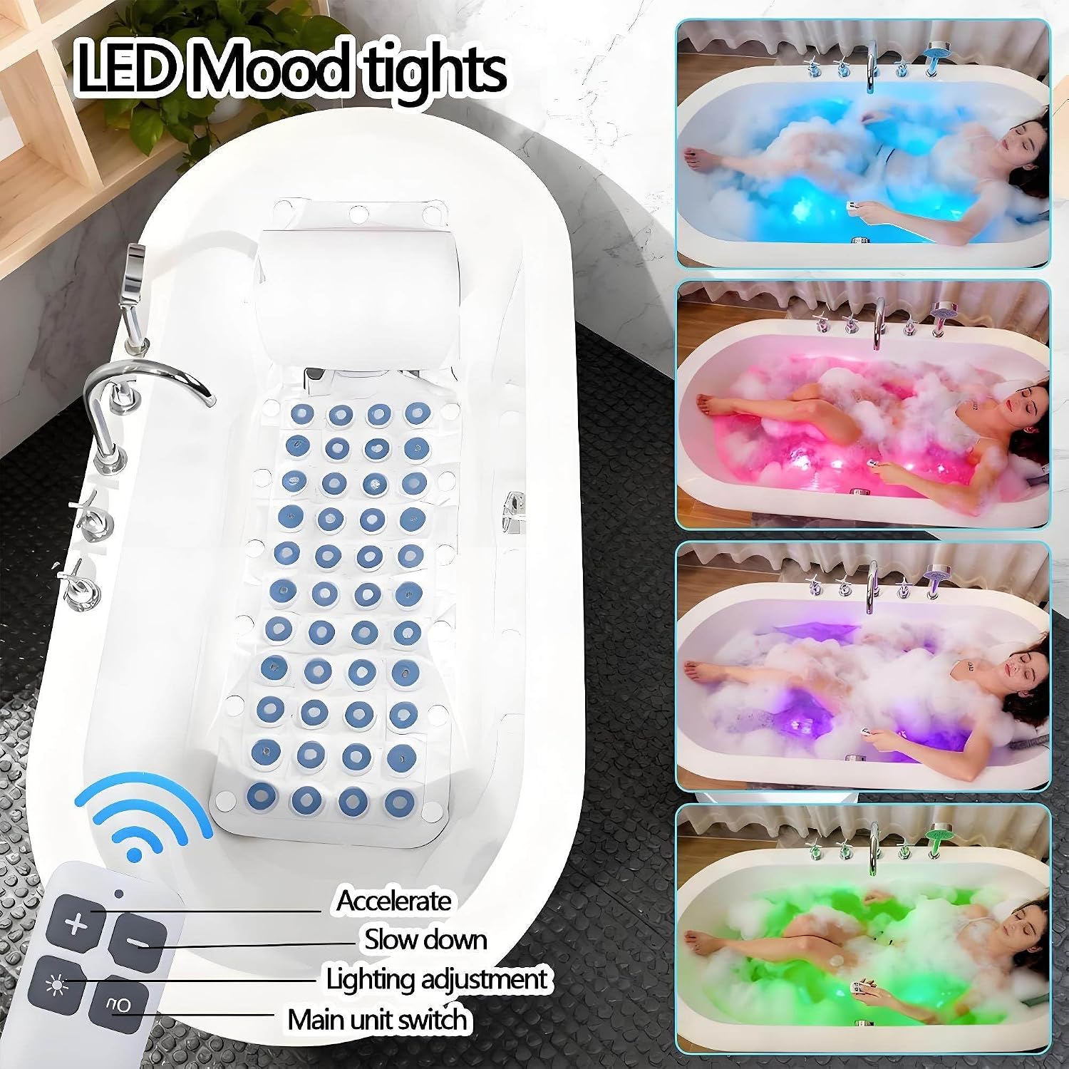 Bathtub Bubble Mat, Bath Mat with Air Massage, Bath Spa Massage Mat, 6-Stage Bubble Function, 6-Color LED Lights, Remote Control and Non-Slip Suction Cups for Home Use