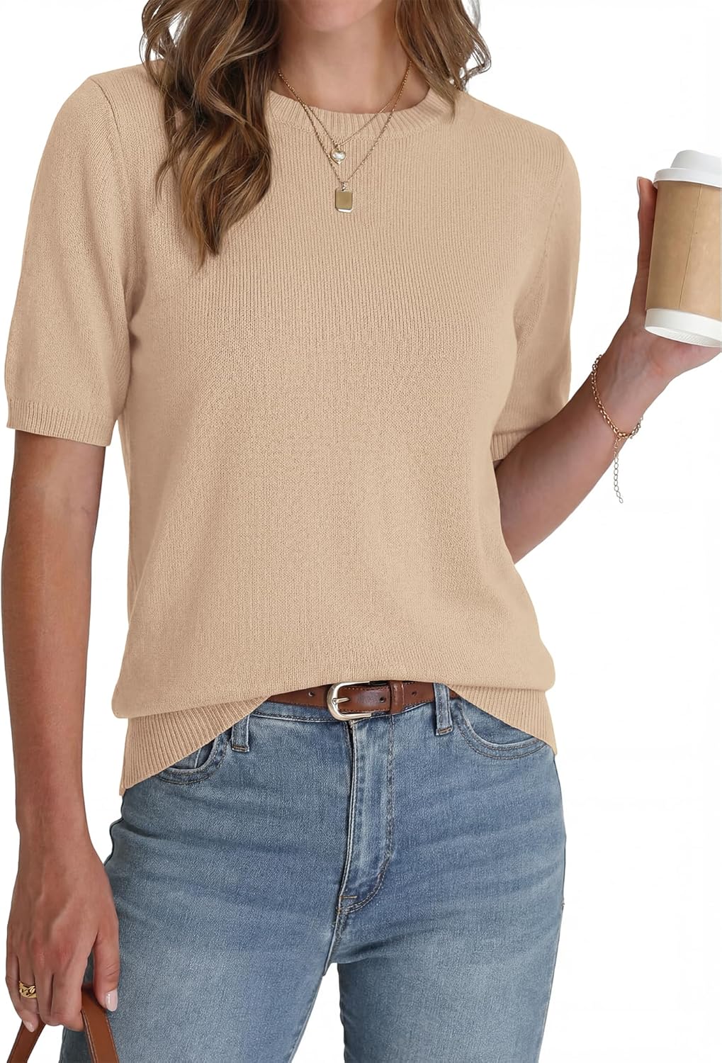 BTFBM Short Sleeve Sweater for Women Spring Tops Crew Neck Lightweight Pullover Loose Dressy Casual Blouse Basic Clothes