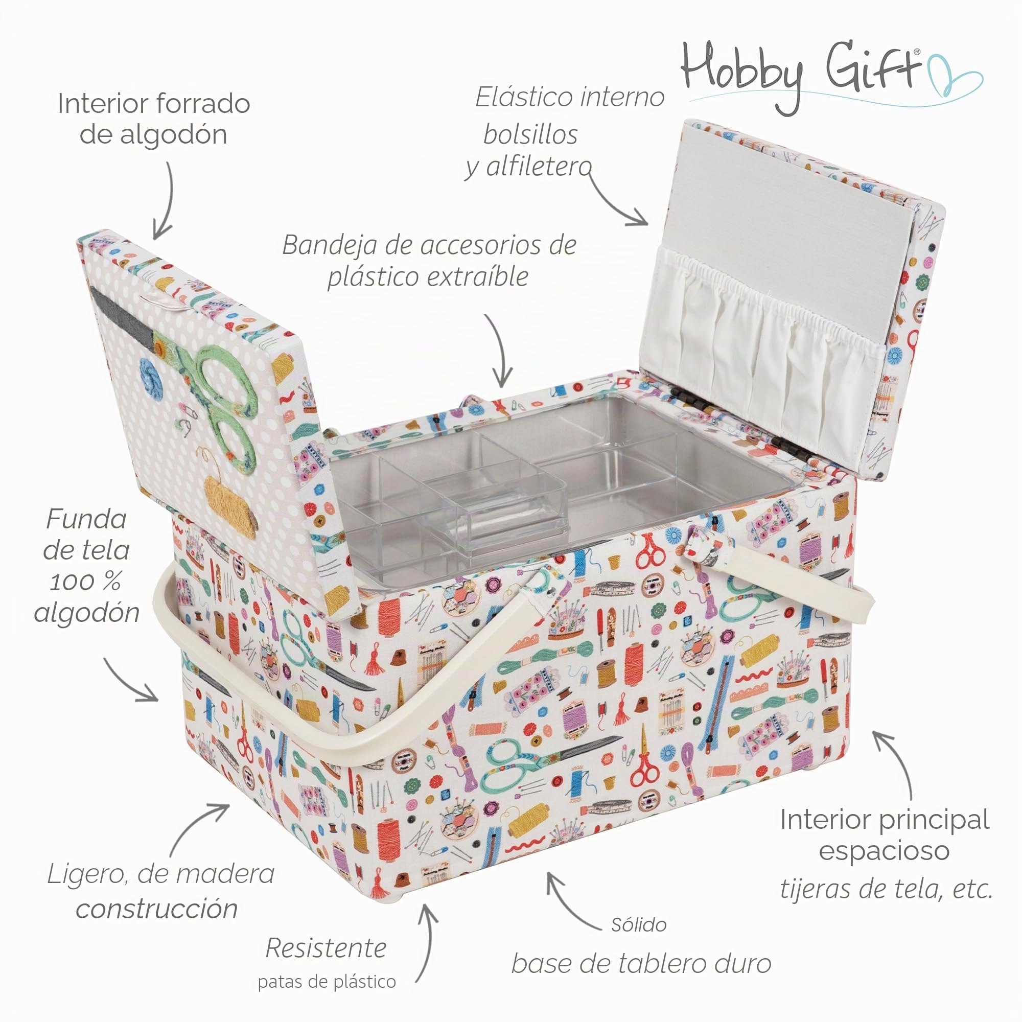 Hobby Gift Caja grande de almacenamiento para manualidades de costura con doble tapa, aplicada, bordada, Haby Notions