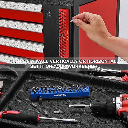 Miniatura 6 de EMENTOL Juego de 2 soportes magnéticos de 14 pulgadas, rojo y azul, 86 agujeros, organizador de brocas con imán fuerte, organizador de brocas