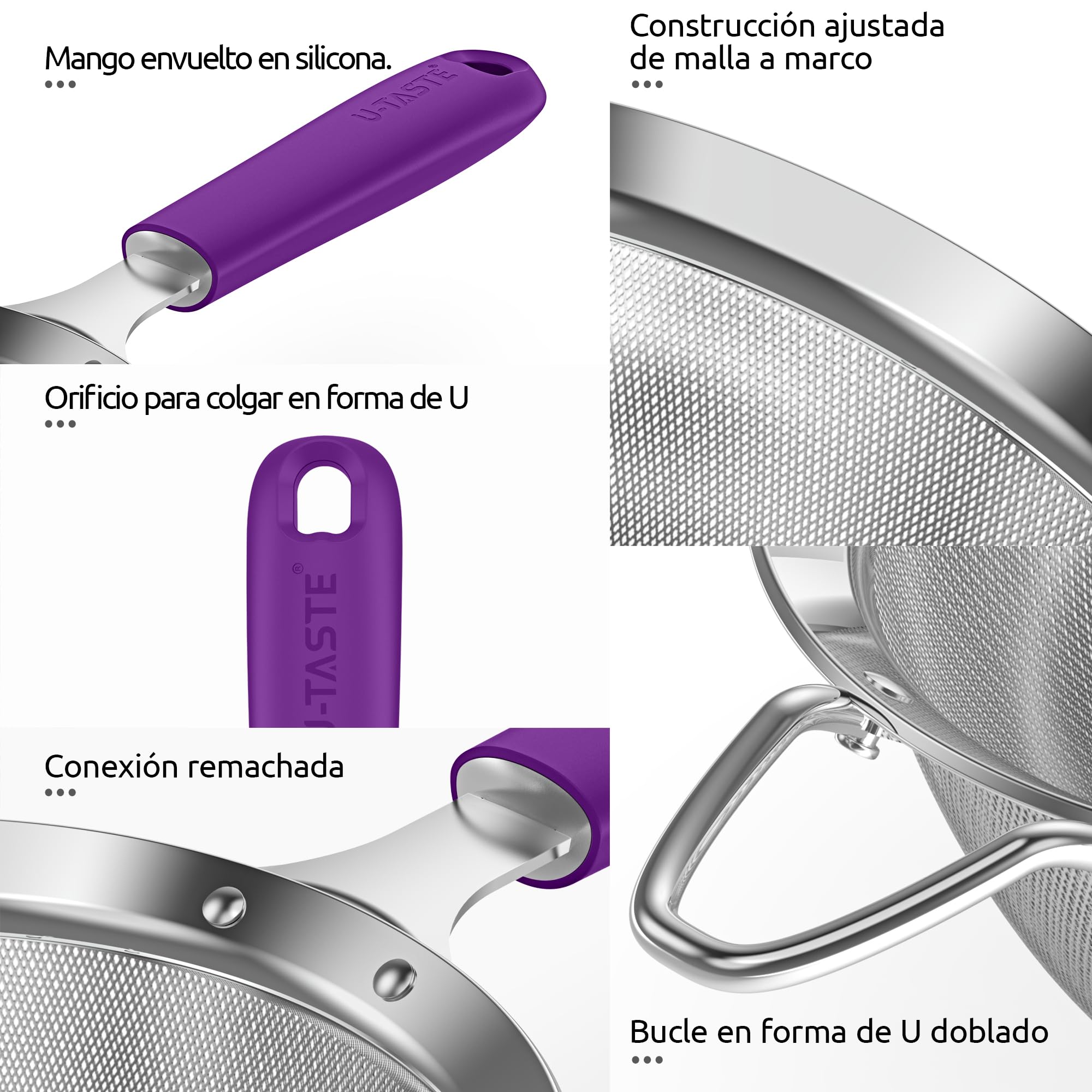 U-Taste Tamiz de malla fina mediana, colador cocina, acero 18/8, Morado | 12cm con mango de silicona resistente remachado, ideal para tamizar harina, colar té arroz quinua