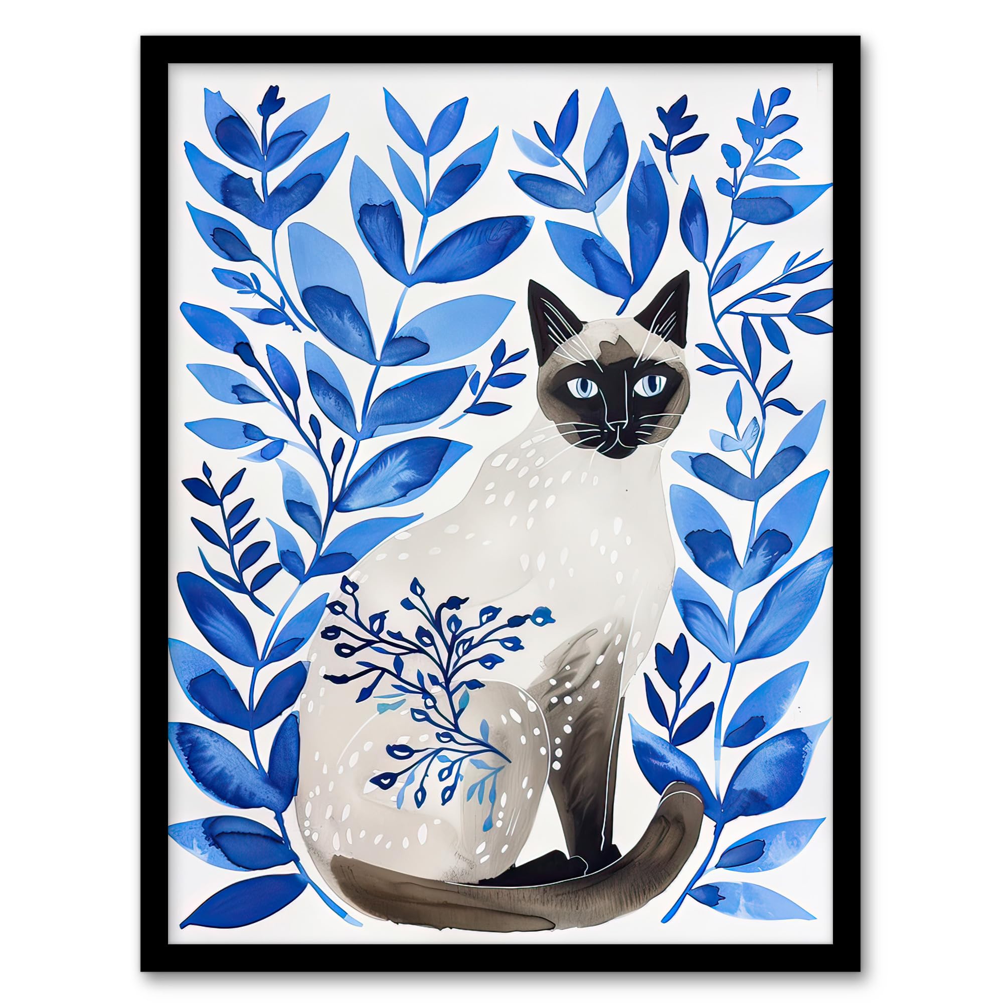 Artery8 Siamese Cat Lover and Blue Plants Pet Portrait Living Room Artwork Framed Wall Art Print 18X24 Inch