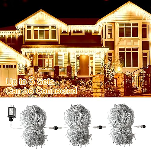 Miniatura 5 de Luces de carámbano para exteriores, 75 pies, 624 LED, luz blanca cálida de Navidad al aire libre, 8 modos, temporizador, luces de carámbano