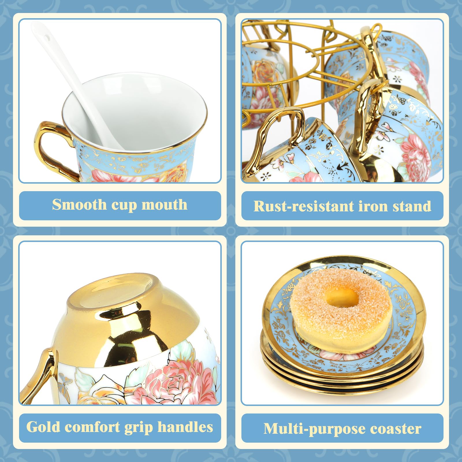 20 Pcs Porcelain Tea Set with Metal Holder, Adult Tea Set Gift