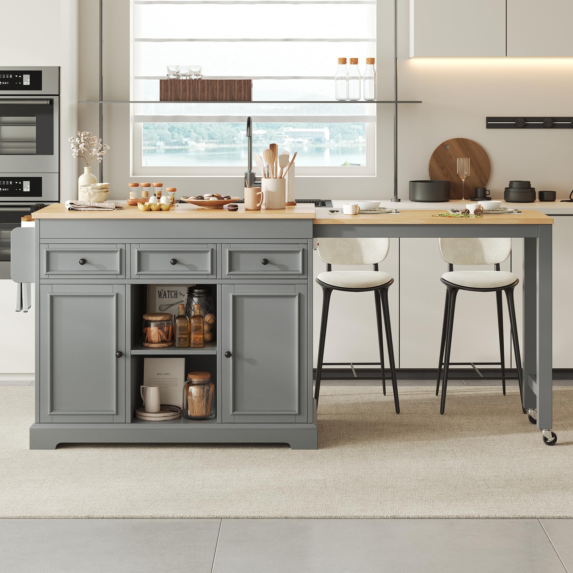 Isola da cucina su ruote, per sala da pranzo estensibile, isola da cucina con portaspezie e cassetti, isola mobile autoportante, ideale per cucina e sala da pranzo (grigio)