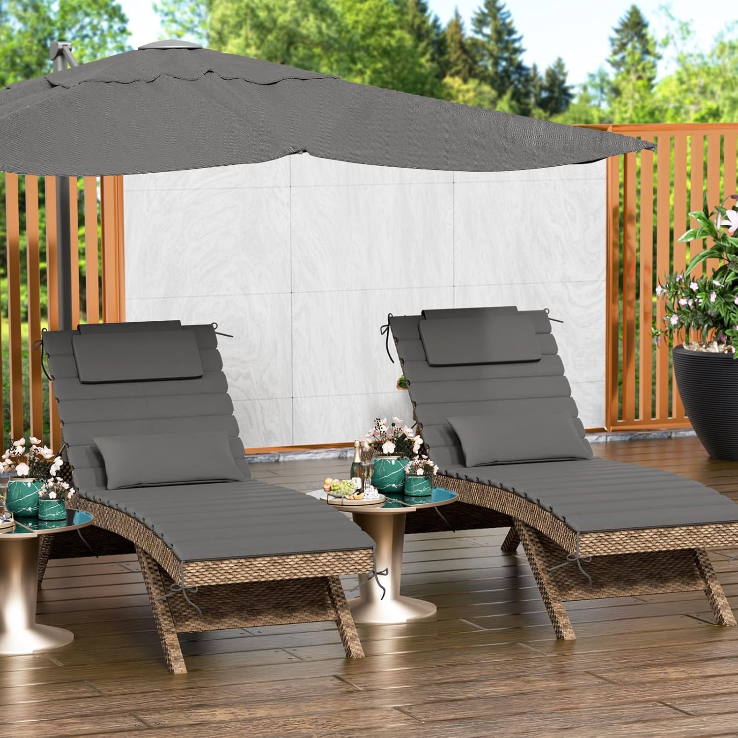 2pcs outdoor water-resistant olefin chaise lounge cushions with pillow, weather and fade resistant foldable quilted patio reclining lounger chair cushions with straps, dark gray, 81"l x 27"w dark gray 81"l x 27"w