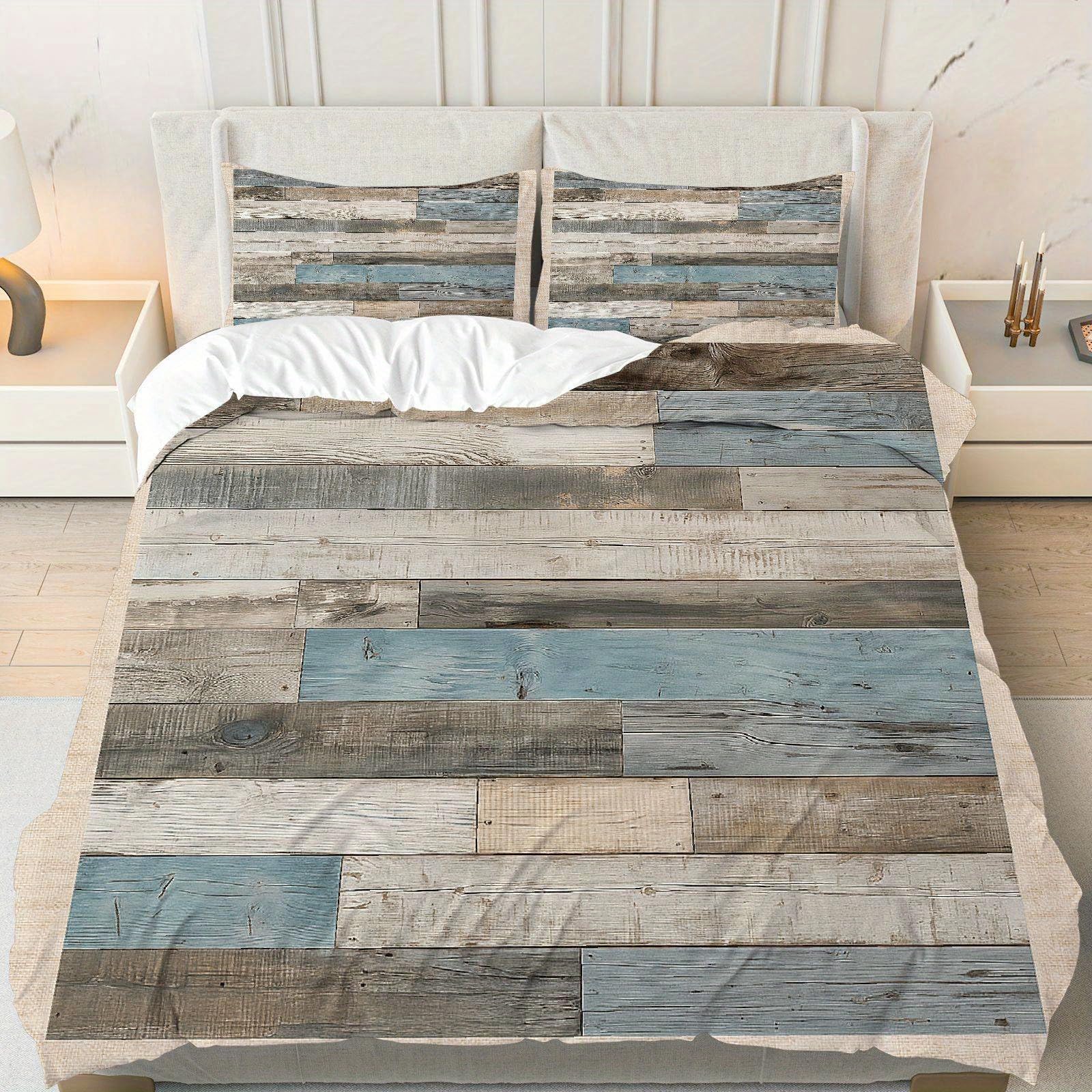 Housse de couette à motif patchwork de planches de bois bleu et gris