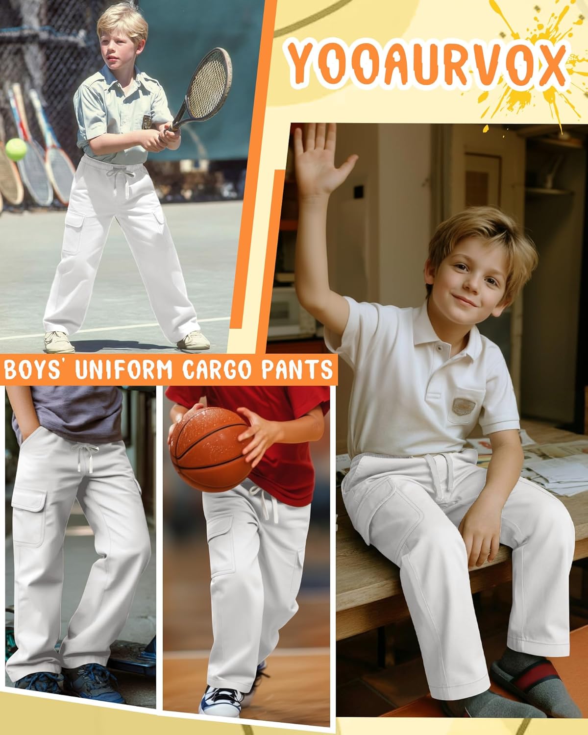 Boys Uniform Cargo Pants Kids 97% Cotton Straight Baggy Chino Pants Teen Boy Drawstring Casual Trouser with Pocket