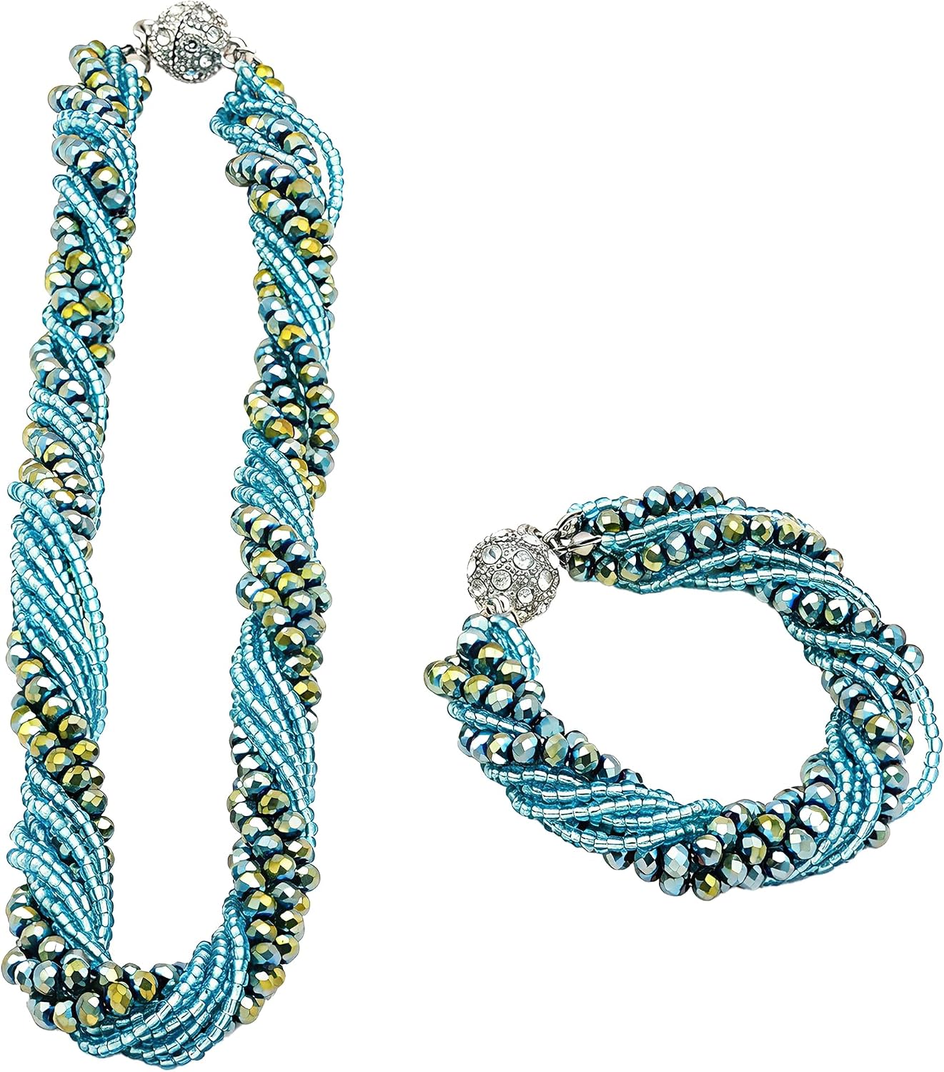 Luxury-style Multicolored Layered Artificial Crystal Necklace & Bracelet Set for women, Twistable&Elegant, Handmade Jewelry for Daily Wear & Gifting