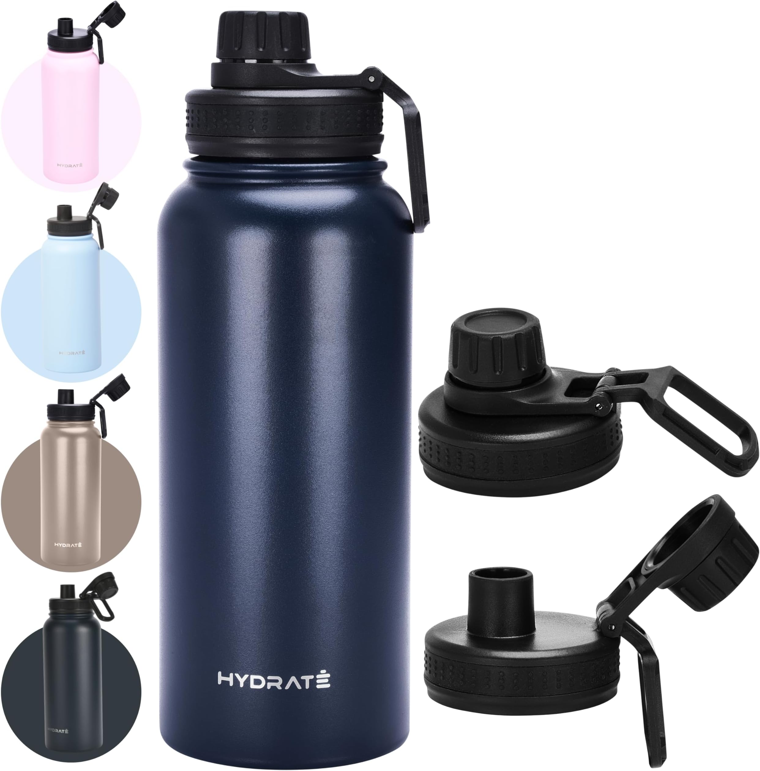 HYDRATE Insulated Stainless Steel Water Bottle Dark Blue - 1L / 34oz - Large Metal Water Bottle with Leak-Proof Design and Convenient Handle - Double Vacuum Insulation for School, Work, or Adventure