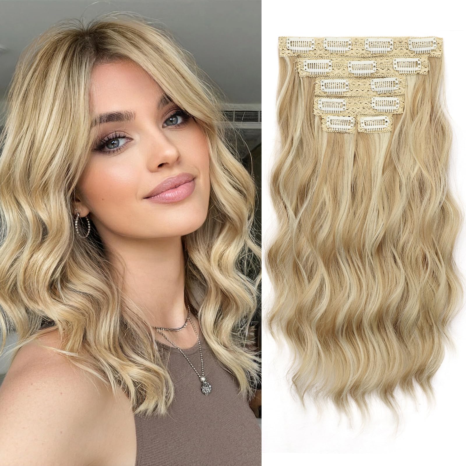 KooKaStyle Short Hair Extensions 6PCS 14 Inch Wavy Curly Hairpieces Synthetic Soft Lace Weft Clip in Hair Extensions-Light Brown mix Highlight Blonde