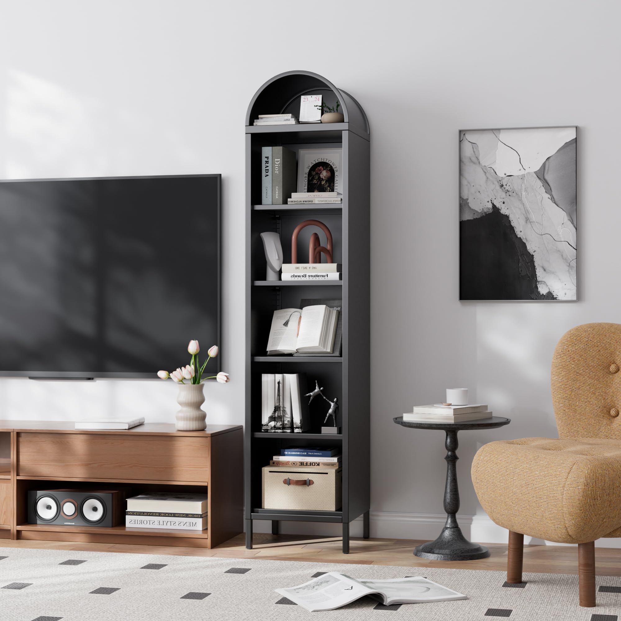 72.83" Metal Arched Bookshelf, 4 Adjustable Shelves, Black