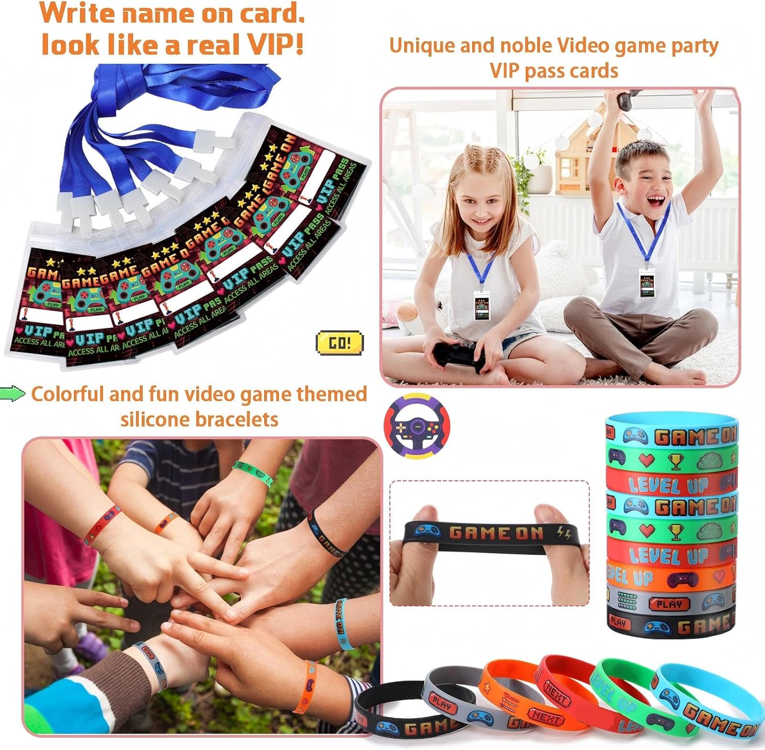 212 Pcs Video Game Party Favors Gamer Birthday Party Supplies Included Game Console Handle Keychain Ring Wristband Sticker Stamper Pat Bracelet Organza Bag for Gamer Parties Gift Reward