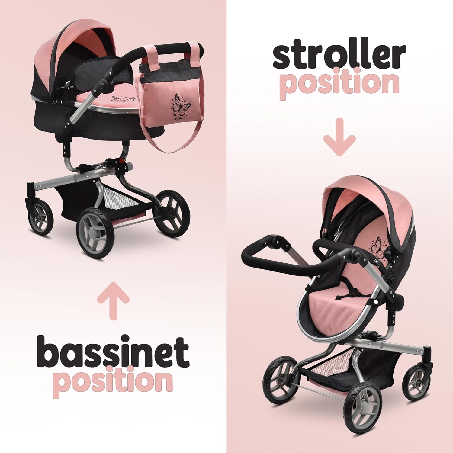 Convertible Baby Doll Stroller Realistic Pram 2-in1 Carriage with Bag Foldable Toy Canopy Basket Adjustable Handle Rotating Wheels Pretend Play Girl Kid Toddler