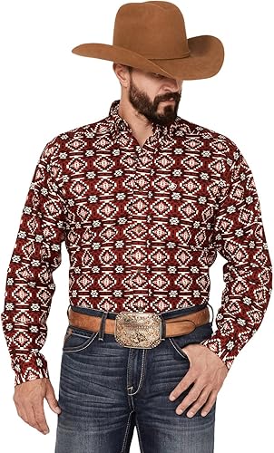 Ariat Camisa Wylie Southwestern de manga larga con botones para hombre, color rojo, talla XL, Rojo