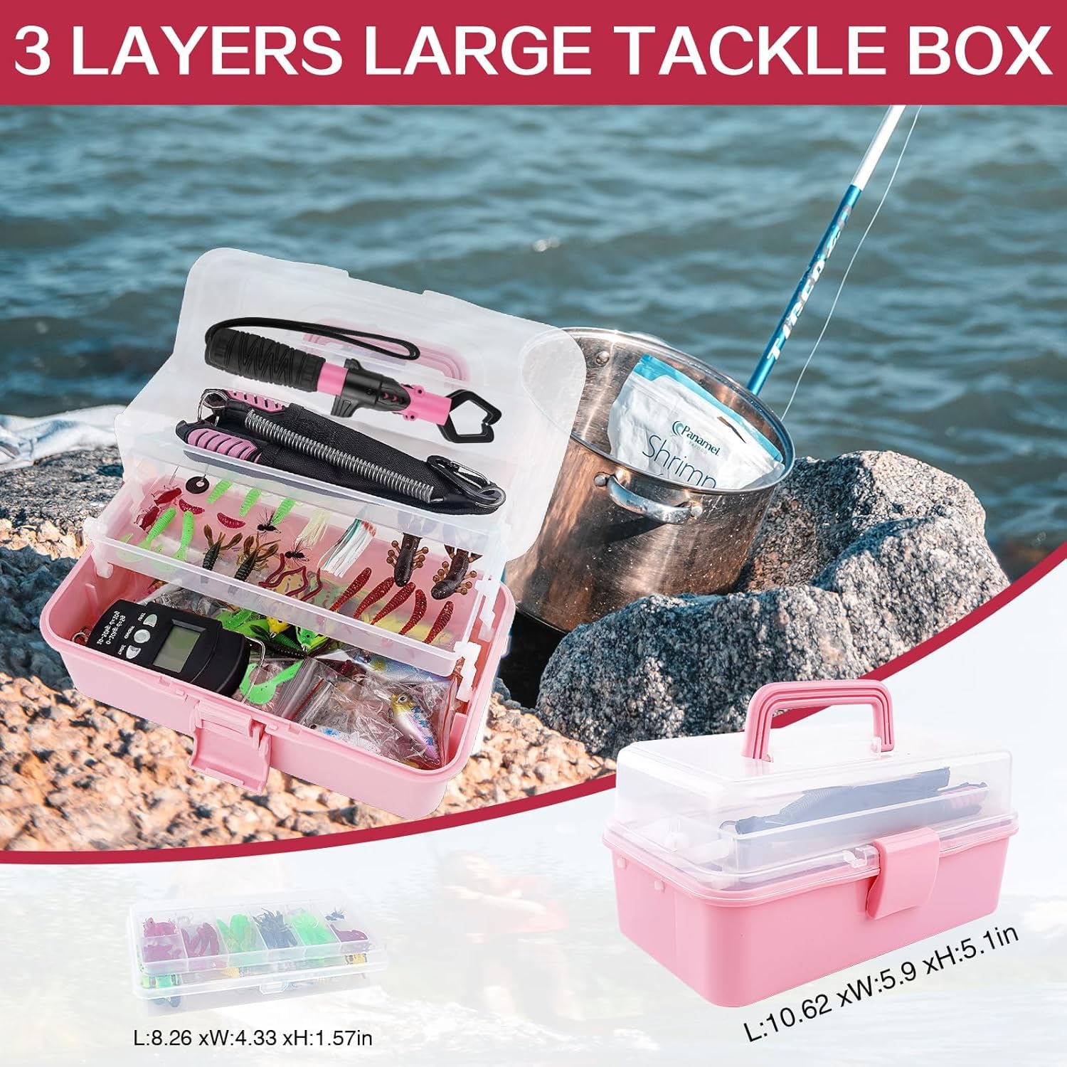 Scatola per attrezzatura da pesca a 3 strati con attrezzatura inclusa, kit di attrezzi da pesca include pinze per labbro di pesce, bilancia Crankbait Spinnerbaits Soft Baits Hooks, regalo ideale per