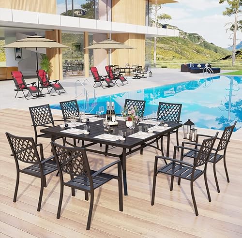 Miniatura 9 de MFSTUDIO Juego de comedor al aire libre para 8, juego de mesa y sillas de metal para patio, juego de muebles de patio de 9 piezas, juego de comedor