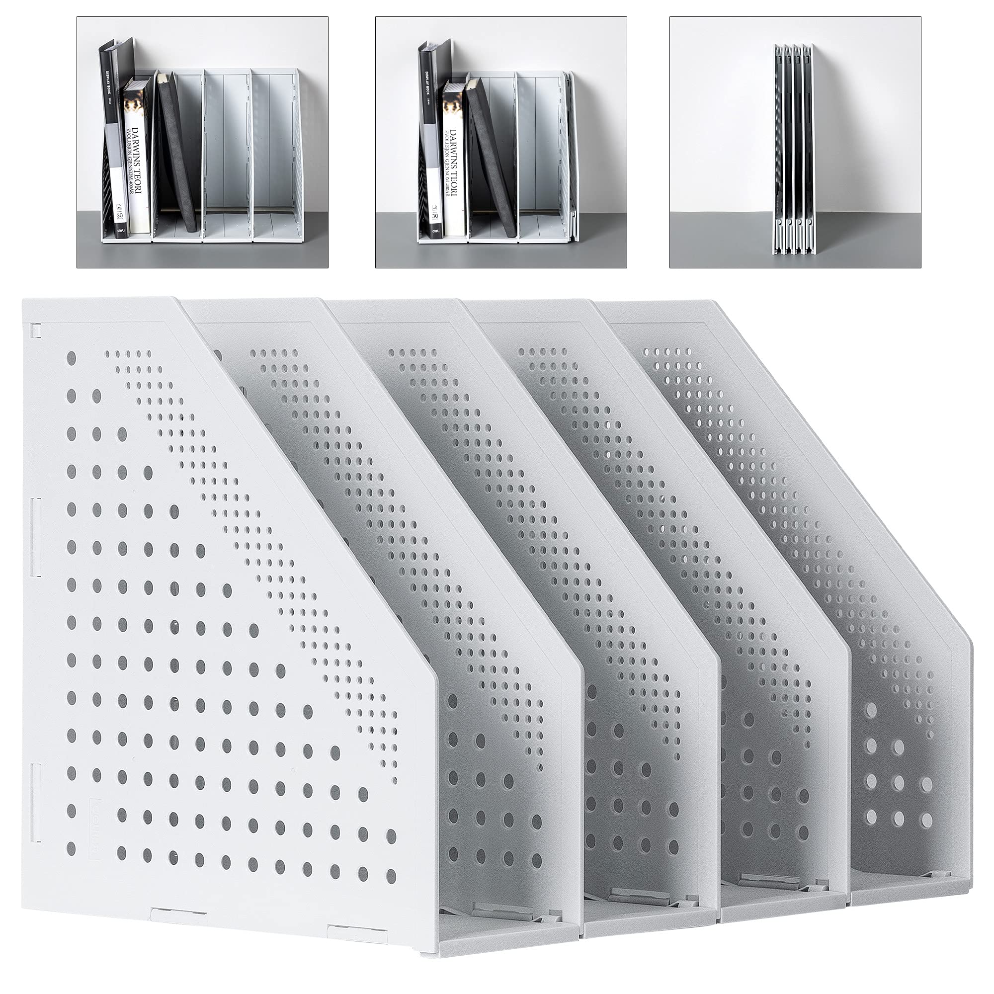 deliCollapsible Magazine File Holder, Desk Organizer Document Folder for Office Organization and Storage, 4 Vertical Compartments, Gray