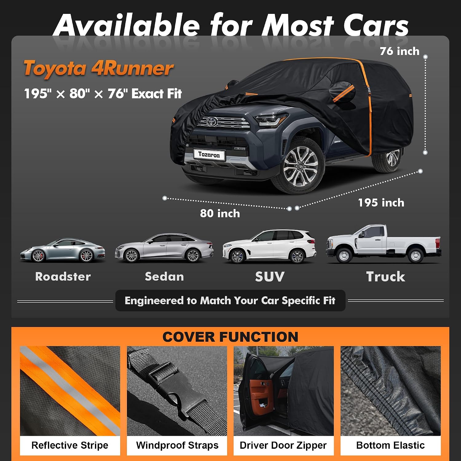 Toyota 4Runner Car Cover Waterproof All-Weather with Windshield Sun Shade and Breathable Vents,Driver Door Zipper,Heavy Duty UV-Resistant (Includes a Towel)