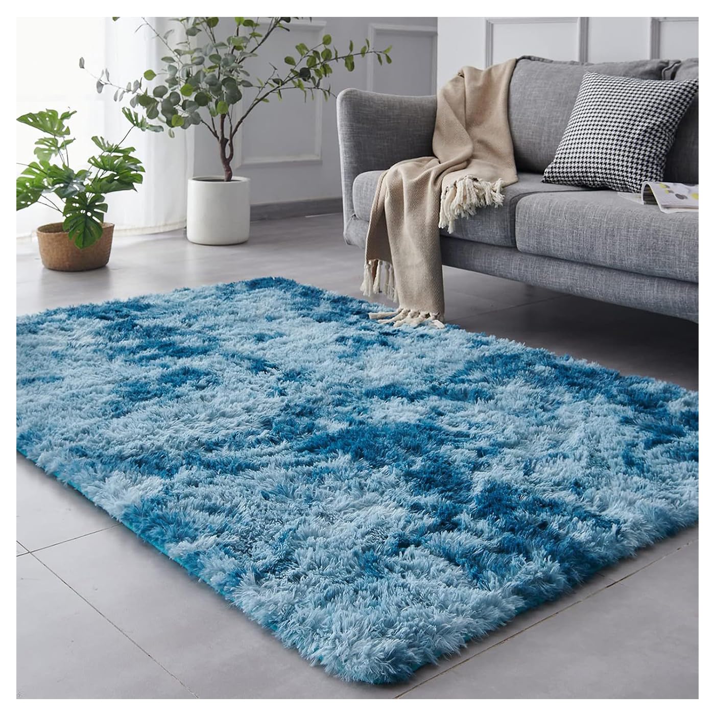 Tapis poils longs bleu 60x90 cm lavable antidérapant pour decoration maison