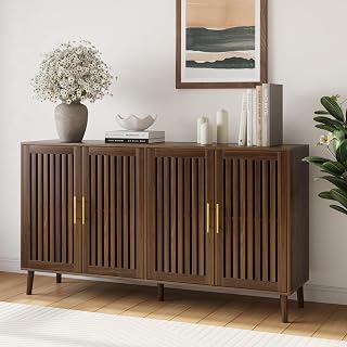 63" Long Sideboard Buffet with 4 Louvered Doors, Farmhouse Buffet Storage Cabinet with Gold Handle, Coffee Bar Cabinet for Entryway, Kitchen, Dining Room, Living Room, Walnut Color