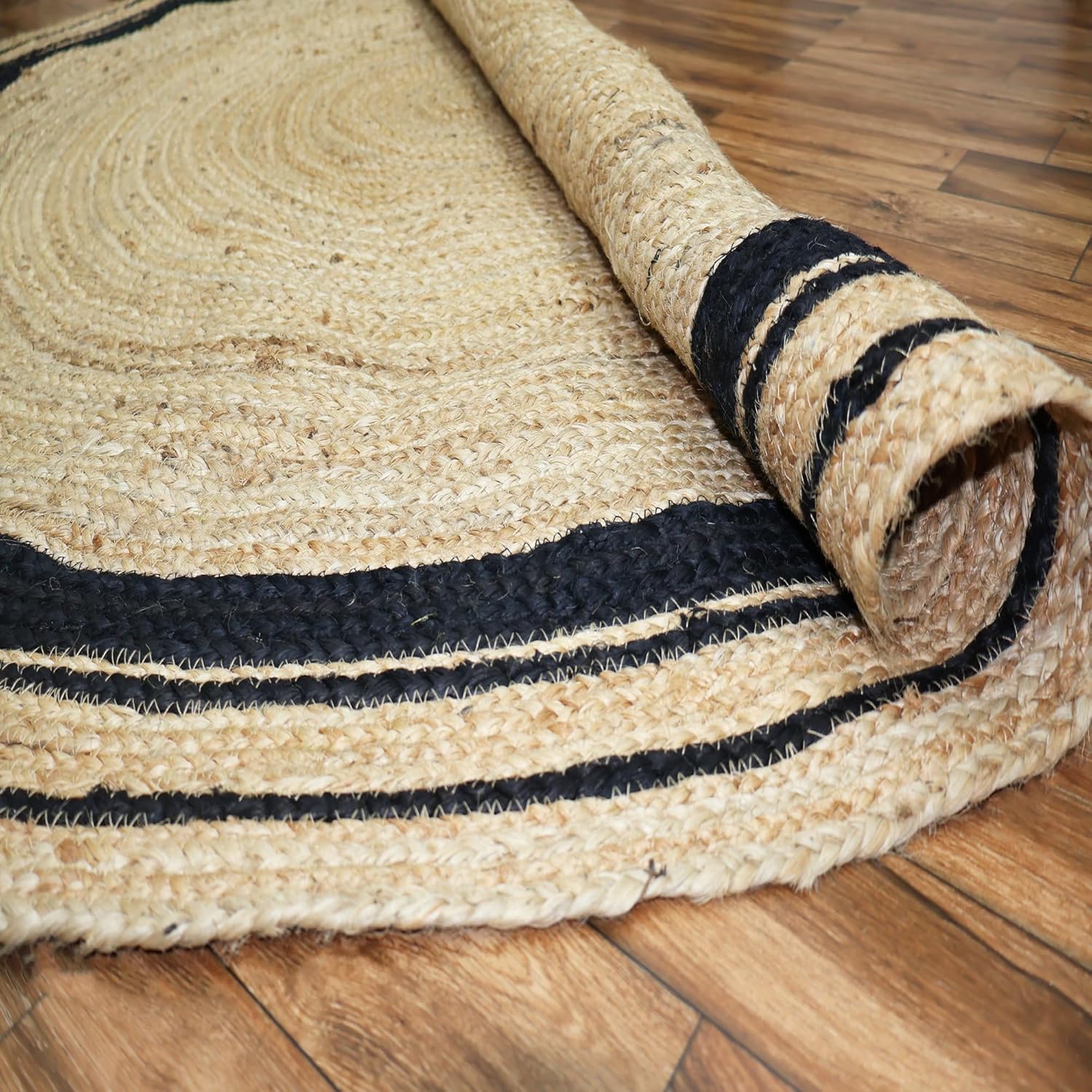 Hand Woven Black Bordered Round Jute Area Rug 15x15 Handmade Natural Fiber Thick 0.27" Solid Round Bordered Rugs Indoor Area Rugs for Living Room Doormat, Dining Room Table & Home Décor