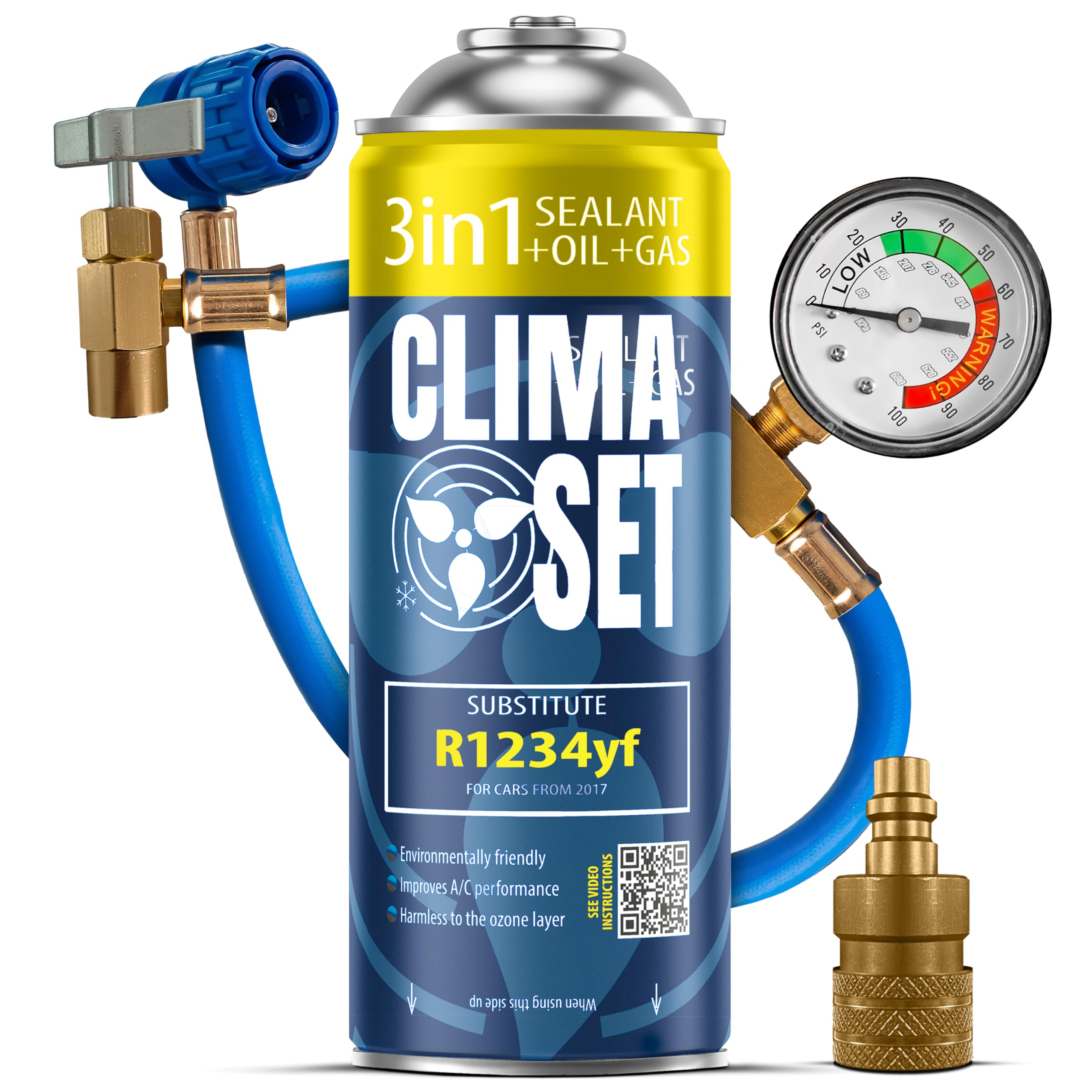 CLIMASET - 3en1 R 1234yf Recarga de Aire Acondicionado, Aceite, Sellador de Fugas, Manguera Y Adaptador - Kit de Recarga de Gas para Aire Acondicionado para Automóviles