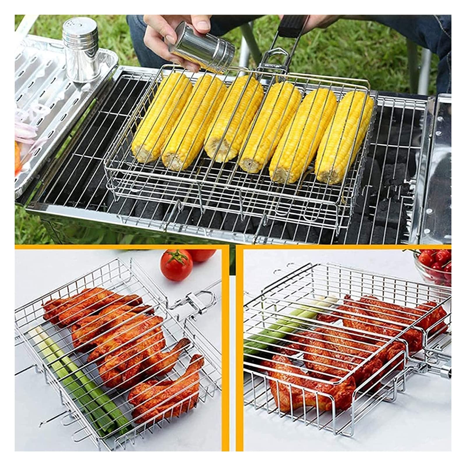 Cesta de barbacoa de acero inoxidable, parrilla portátil grande para asar verduras, pescado y camarones, accesorio para parrilla de barbacoa