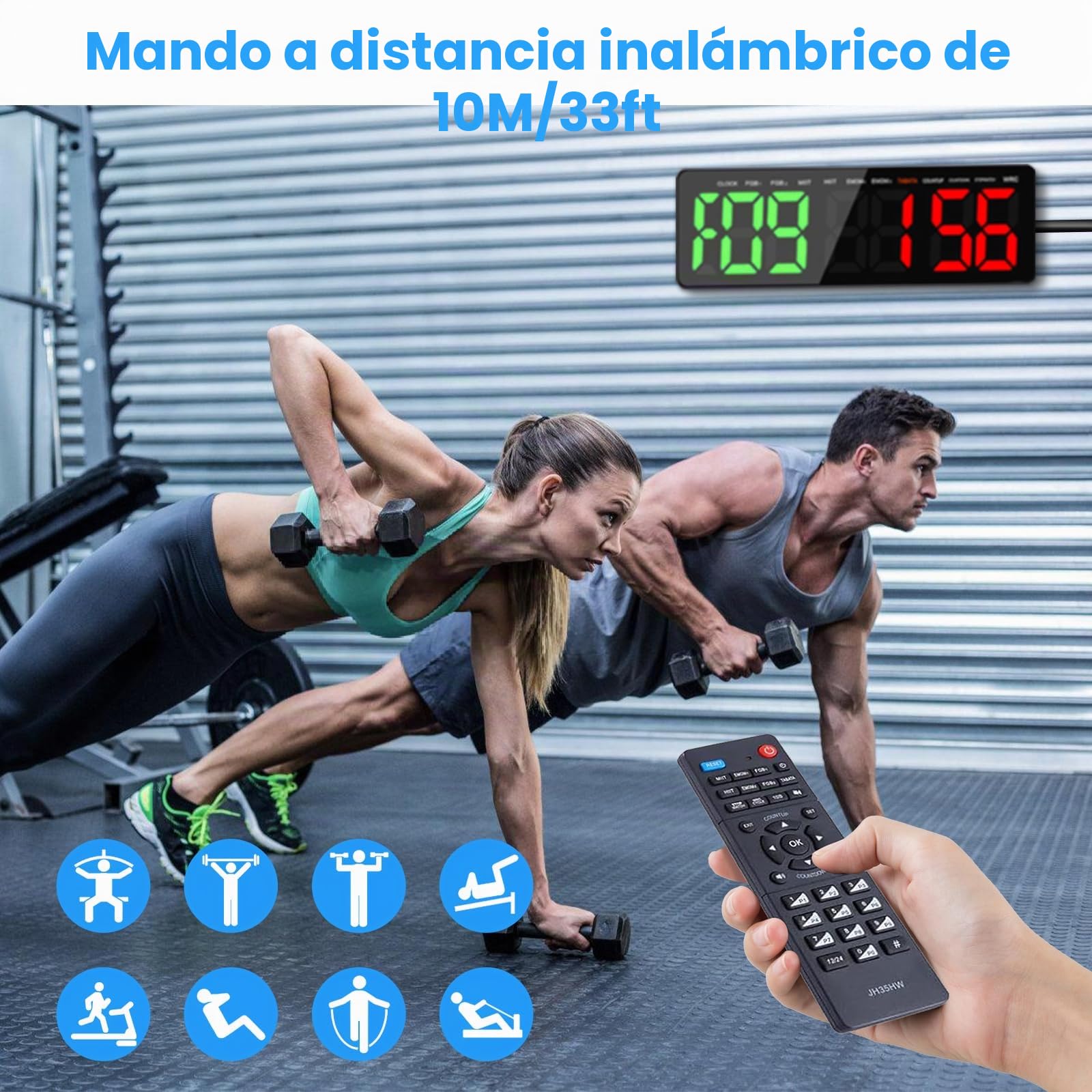 Temporizador de Gimnasio, 16.5" Grande Reloj de Pared Digital Temporizador de Intervalo LED con Countdown & Up Cronómetro, Brillo & Volumen Ajustable, Gym Timer con Control Remoto para Casa