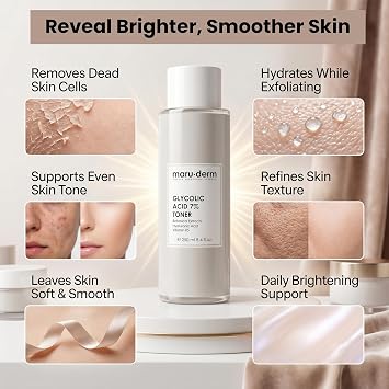 Maruderm Glikolik Asit%7 Aydınlatıcı ve Leke Görünümü Karşıtı Tonik – Meyan Kökü & Hyaluronik Asit ile Pürüzsüzleştirici Peeling Tonik, 250 ML