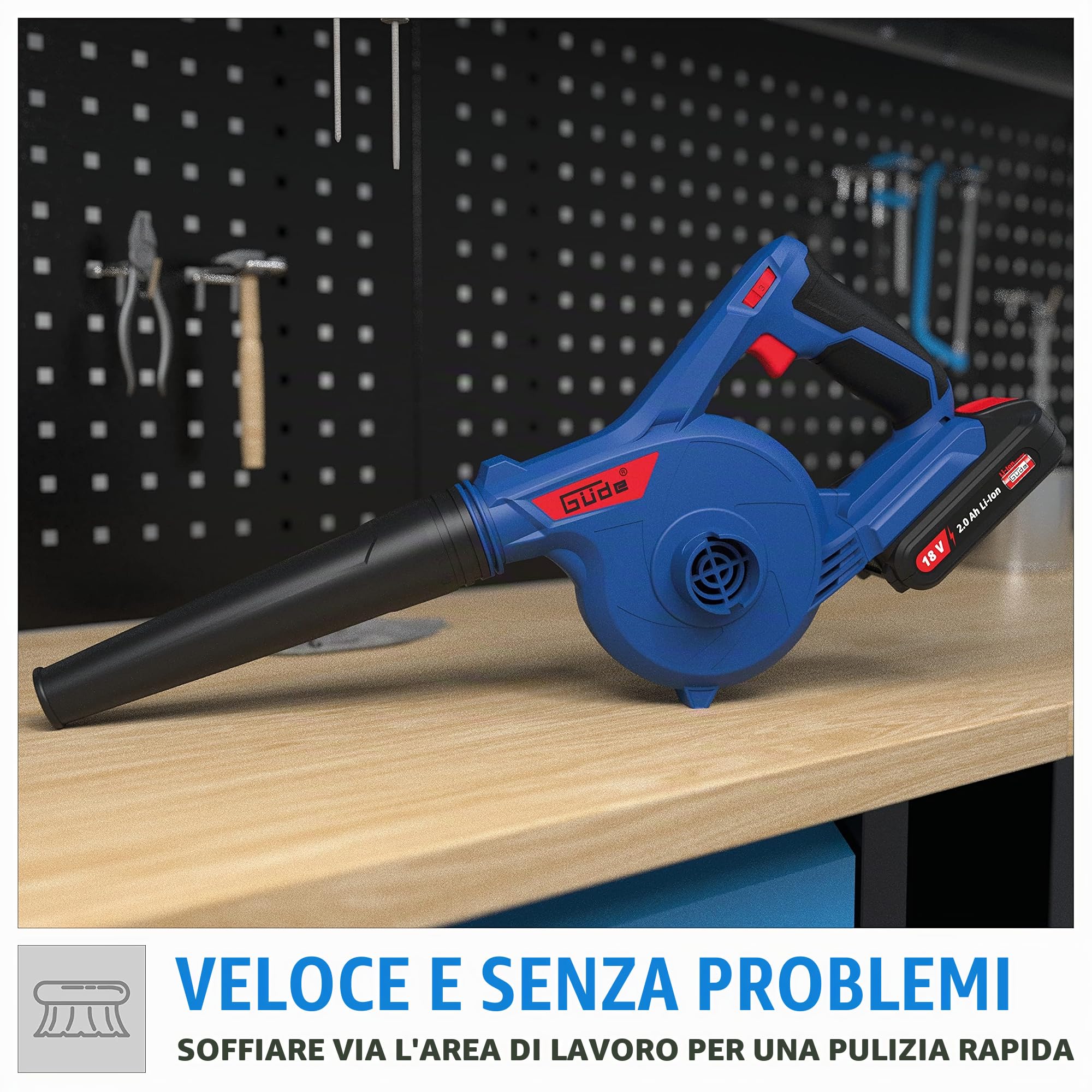 Güde Soffiatore a batteria e tettarella Bus 18 – 0 (18 V, agli ioni di litio, soffiatore per foglie, aspiratore per officina, velocità di soffiaggio fino a 270 km/h, flusso d'aria: 156 m³/h)