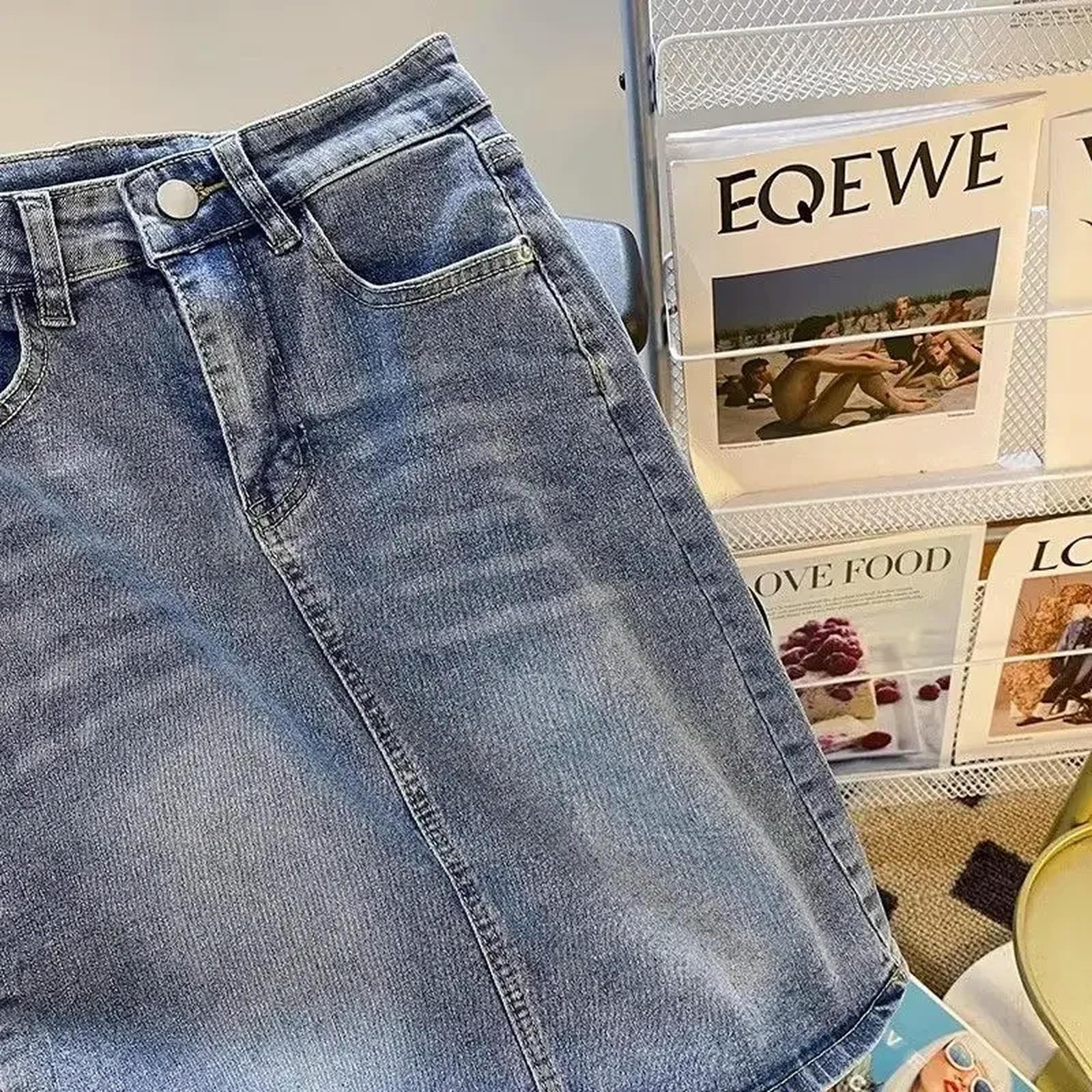 Gonna di Jeans Donna Denim Gonna Sexy Midi con Tasca Zipper Blu Abbigliamento Donna