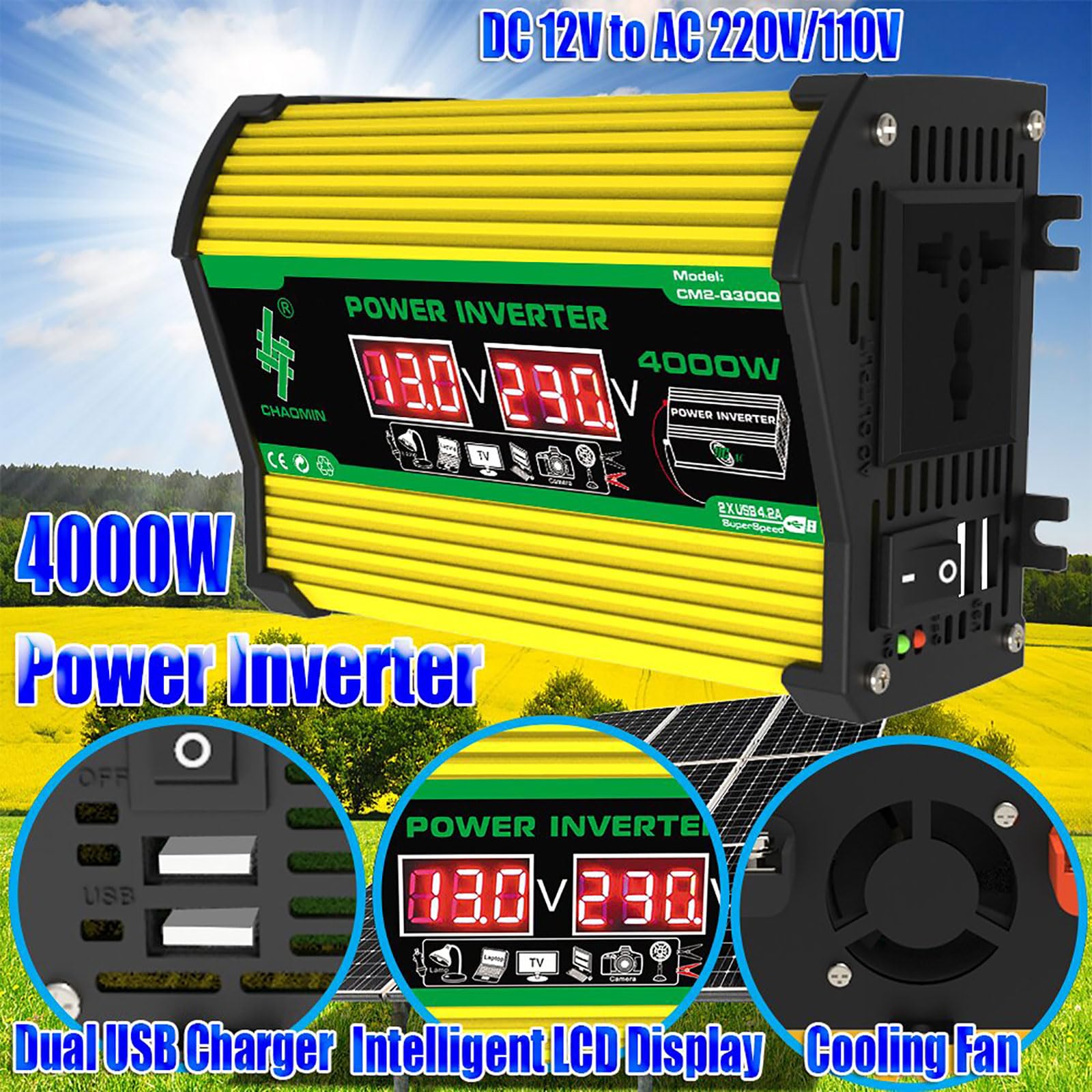 Kit pannello solare, kit pannello solare completo, pannello solare impermeabile da 50 W e inverter solare da 4000 W, regolatore solare da 12 V 50 A con 2 porte USB e display a LED per casa, camper,