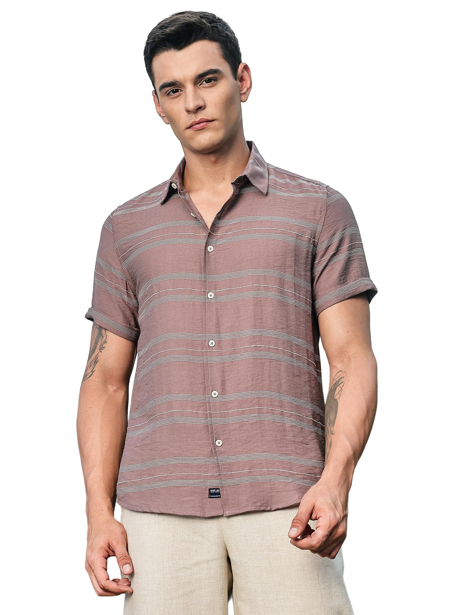 Anouk Men's | Stripes | Short Sleeve | Spread Collar | Premium Polycoton Material | Slim Fit | Casual | Shirts for Men in neutral