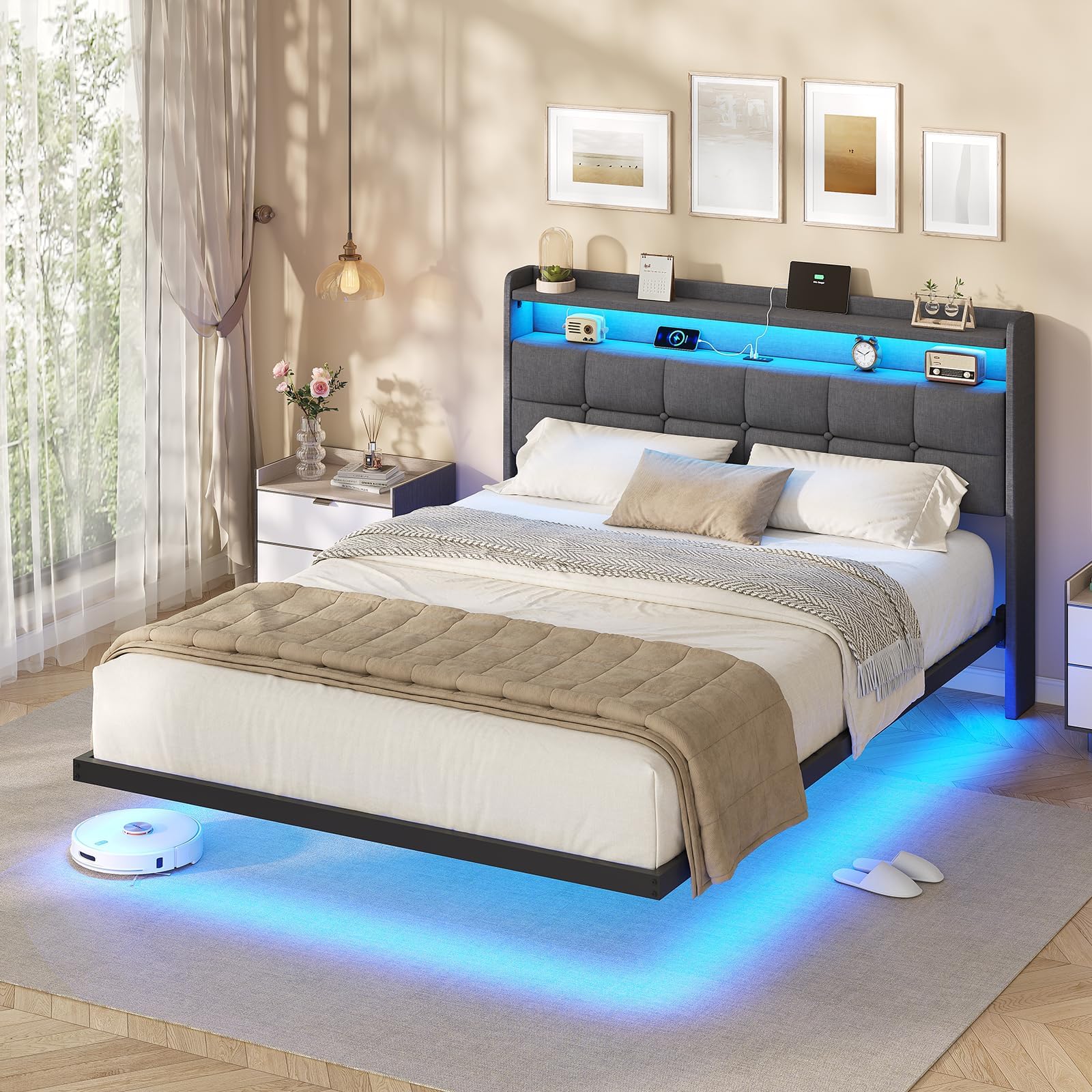 AOGLLATI Letto Matrimoniale 160x200 cm con Effetto Visivo Levitante, Struttura Letto con LED e Stazione di Ricarica, Letto con Testiera Imbottita e Struttura in Metallo, Senza Materasso, Grigio Scuro