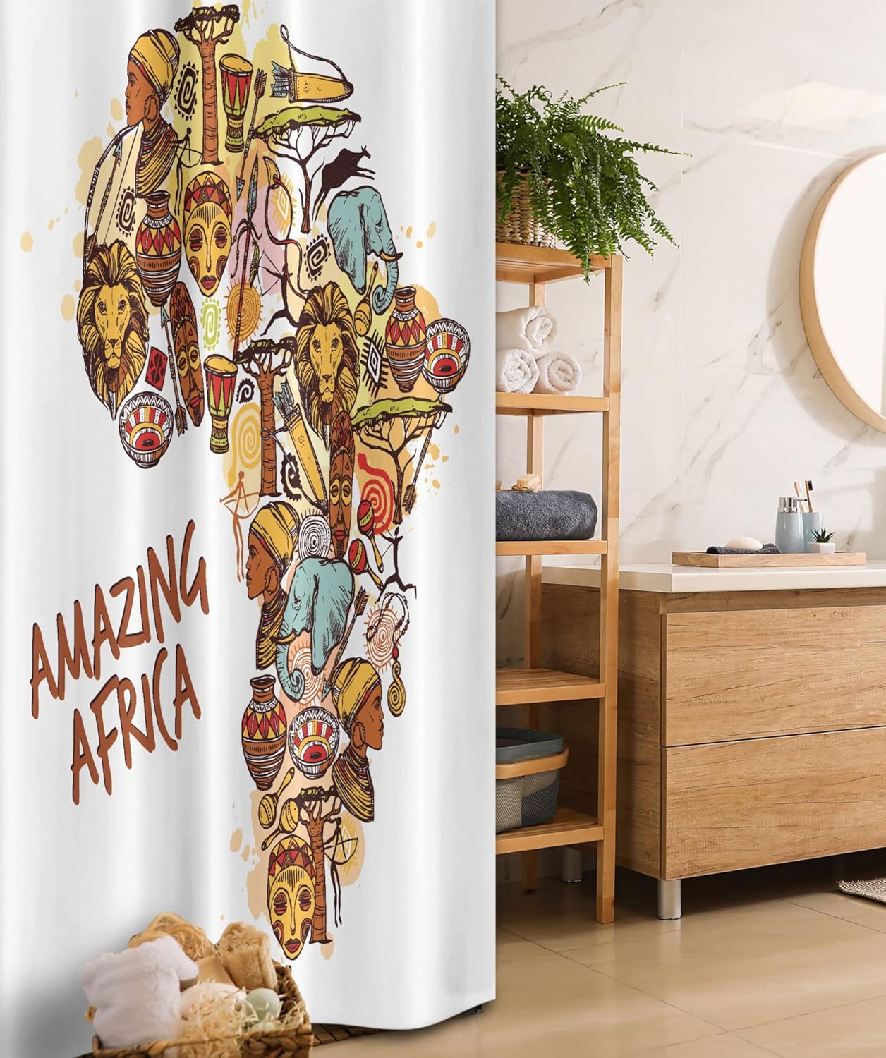 Ambesonne African Shower Curtain, Map with Native Objects and Mammals Graphic Travel Theme, Cloth Fabric Bathroom Decor Set with Hooks, 69" W x 84" L, Cinnamon Yellow