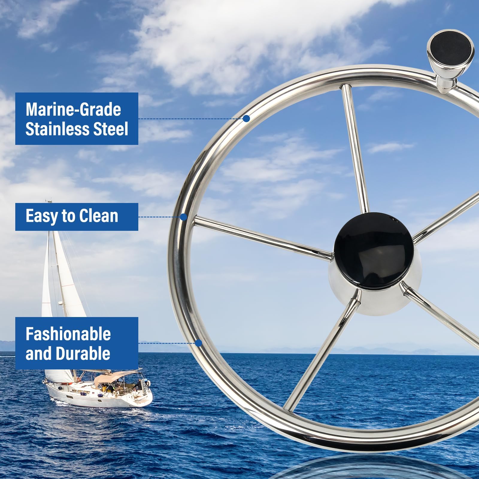 BOOMSTART Timone per barca 5 razze Ø 343 mm (13 1/2 pollici) argento con coperchio nero e pulsante taglia M, per barca a pontone, yacht universale