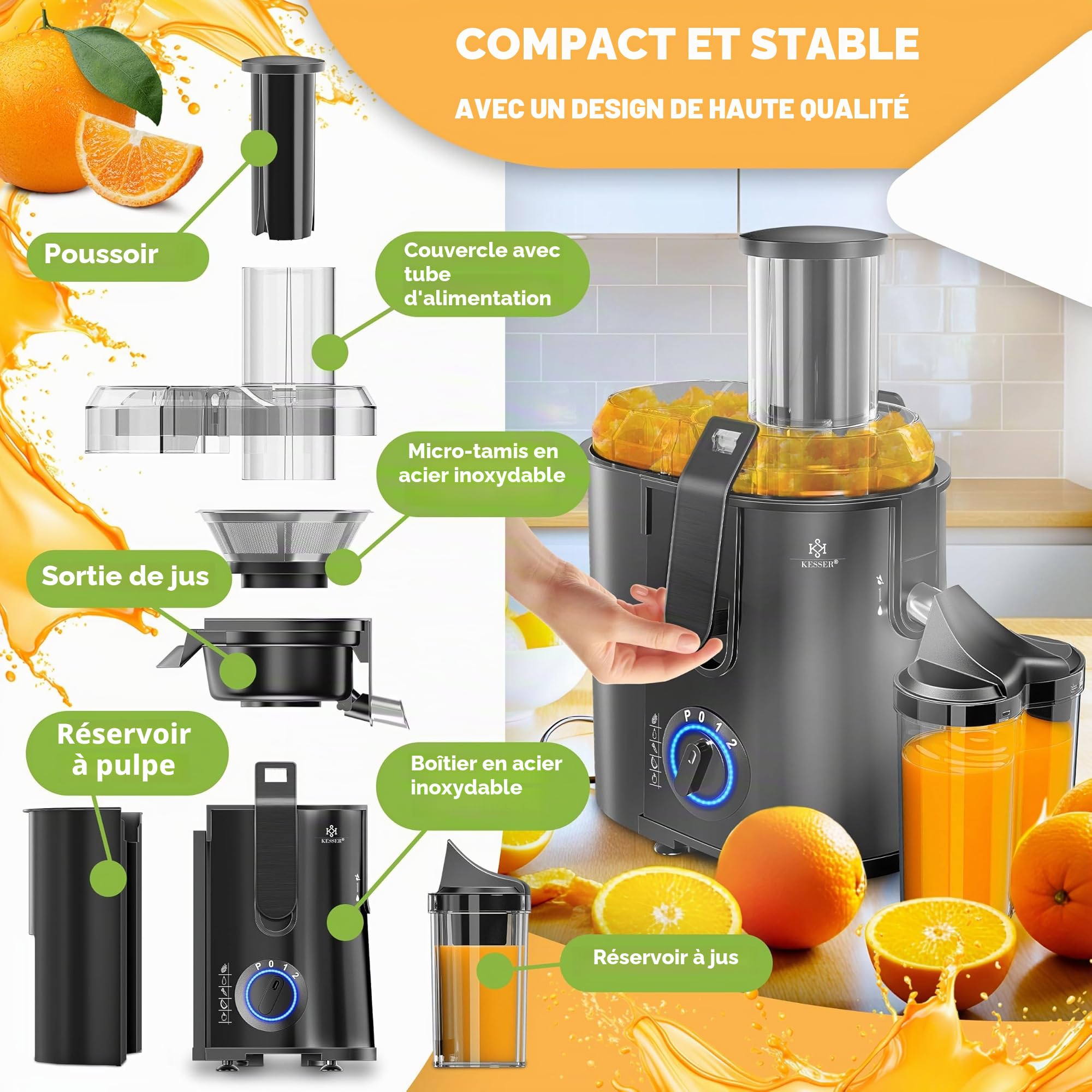 KESSER - Centrifugeuse en Inox Fruits et légumes 1100W, Extracteur de jus, Capacité 1L, Ouverture 85mm