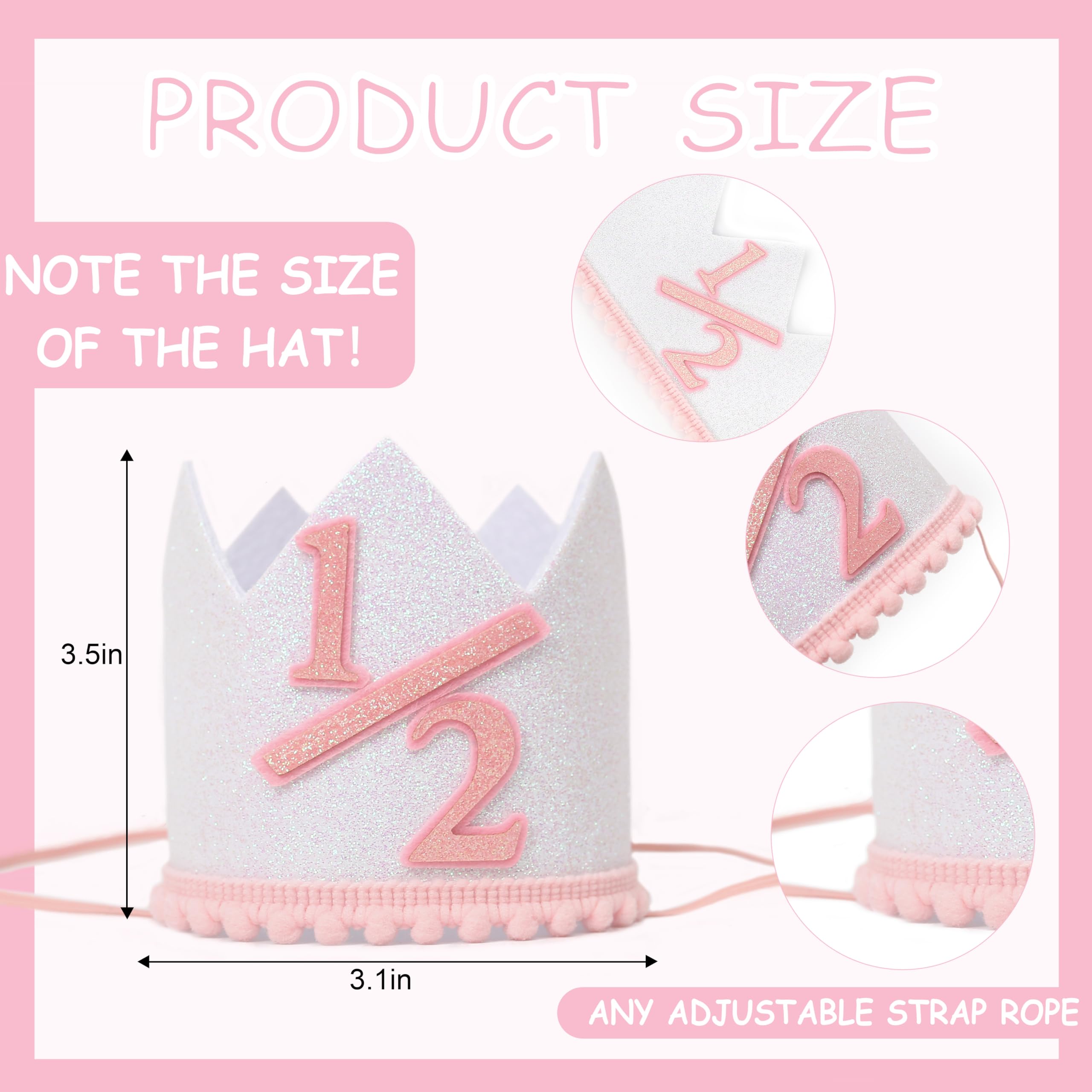 1/2 Birthday Party Hat Decorations - Baby Girl Half Birthday Headwear - Boho Natural Hat For Kids - 6 Month Glitter Crown For Babies - Kids Party Photo Booth Prop