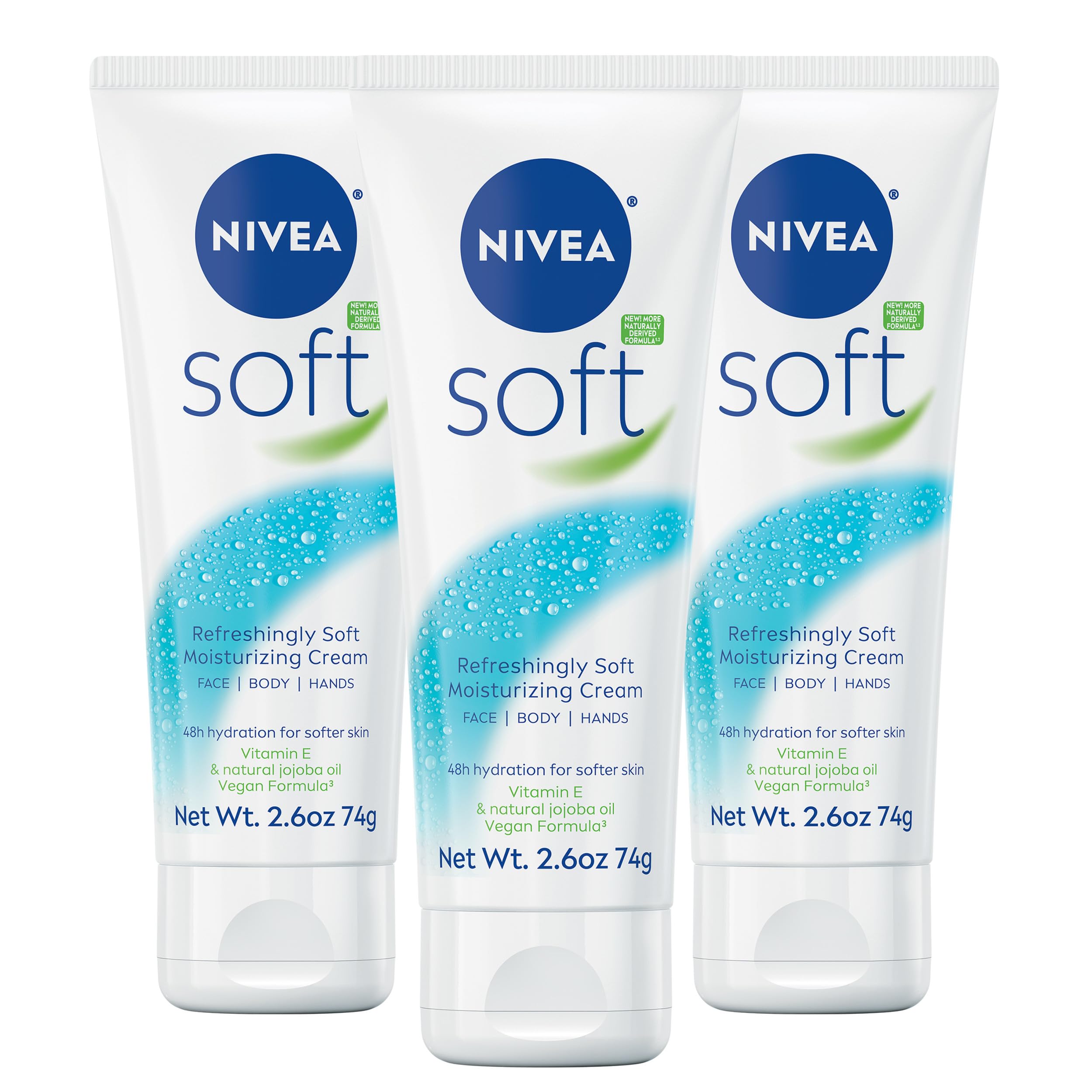 NIVEA Soft Moisturizing Cream for Body, Face and Hands, 3 x 2.6 OZ | All-Purpose Cream with Vitamin E and Jojoba Oil for Softer Skin, 72-Hour Moisturizer