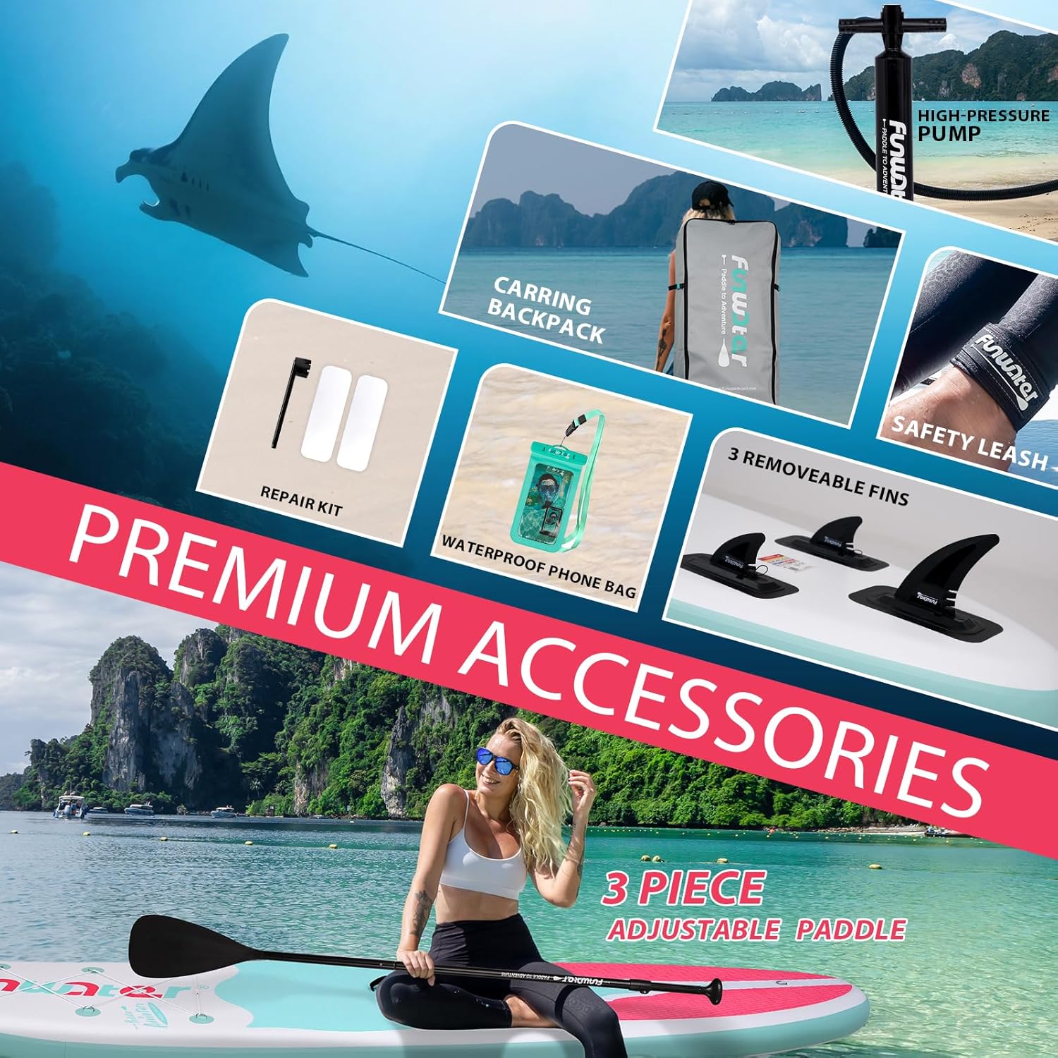 FunWater Inflatable Stand Up Paddle Board 10'6"/11"/11'6" Paddle Board for Adults & Youth, Paddleboards Inflatable with Premium SUP Accessories, Wide Stable, Non-Slip Comfort Deck - Image 7