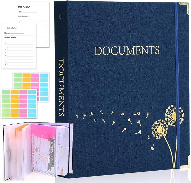 XKDOUS Important Document Organizer 3 Ring Linen Binders Folio File Folders | Navy Expanding Storage Holder with Gold-foiled Hardcover, 9 Pockets & Labels for A4, Letter Size Papers, Home & Office
