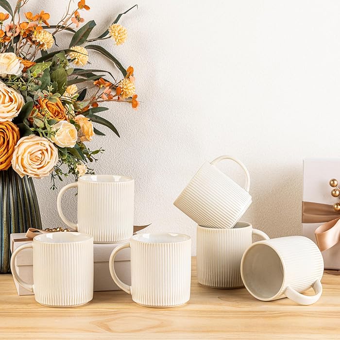 theterra Coffee Mugs Set of 6, 14.2oz Handmade Ceramic Coffee Mugs with Handle for Latte, Tea, Milk, Beer, Hot Cocoa, Reactive White